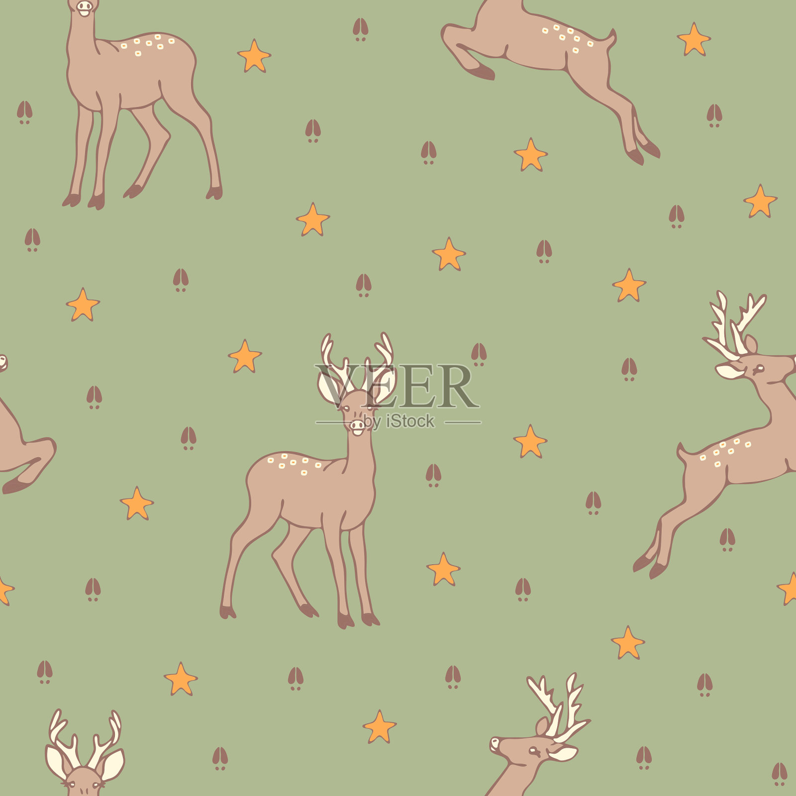 无缝矢量模式与鹿和星星。动物足迹墙纸设计在浅绿色。插画图片素材
