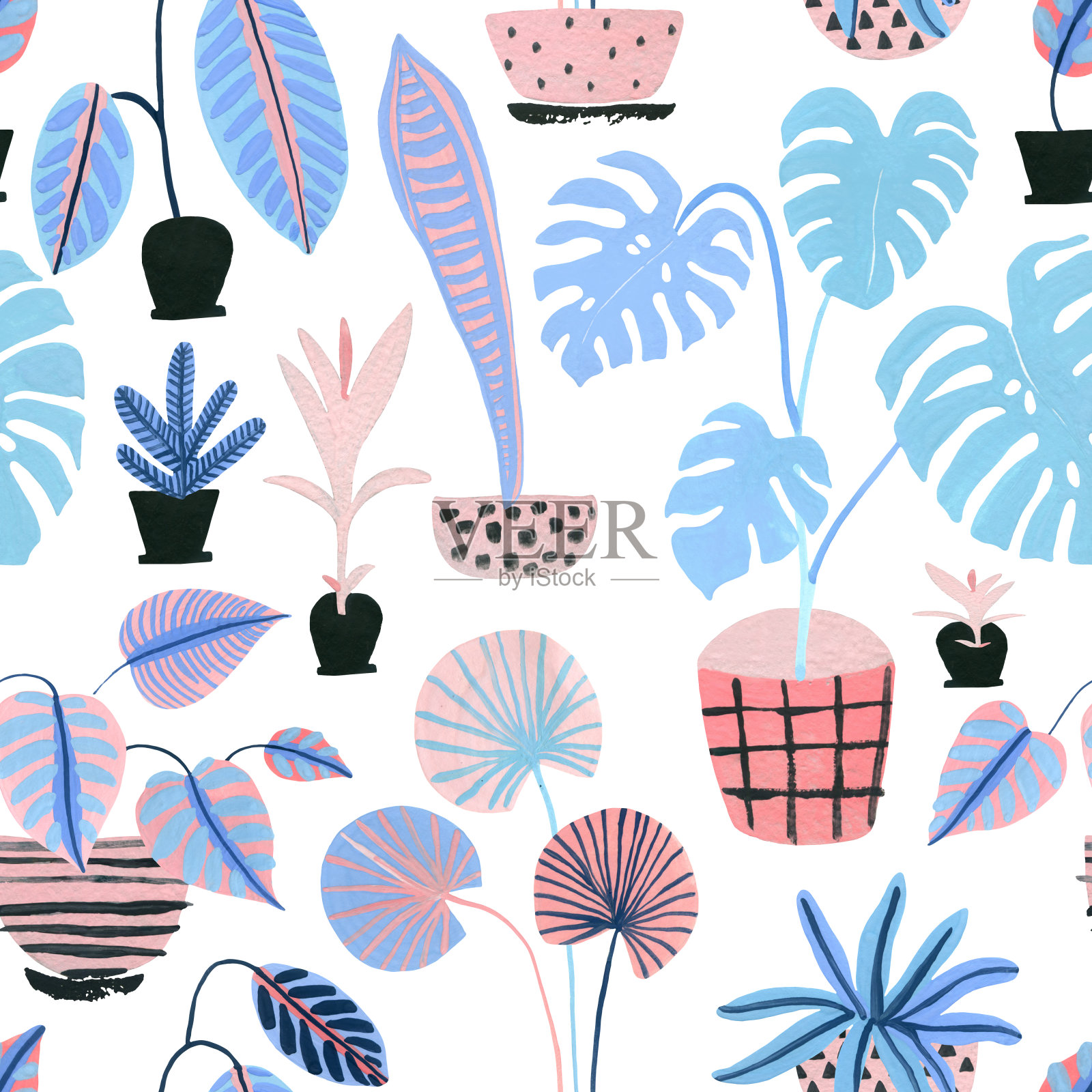 水彩盆栽室内植物背景在斯堪的纳维亚几何风格插画图片素材