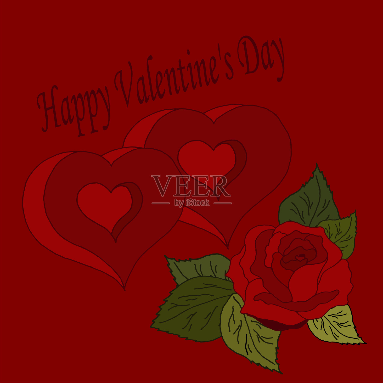 情人节快乐的浪漫卡片，上面写着红色背景上一朵红玫瑰和两颗心。插画图片素材