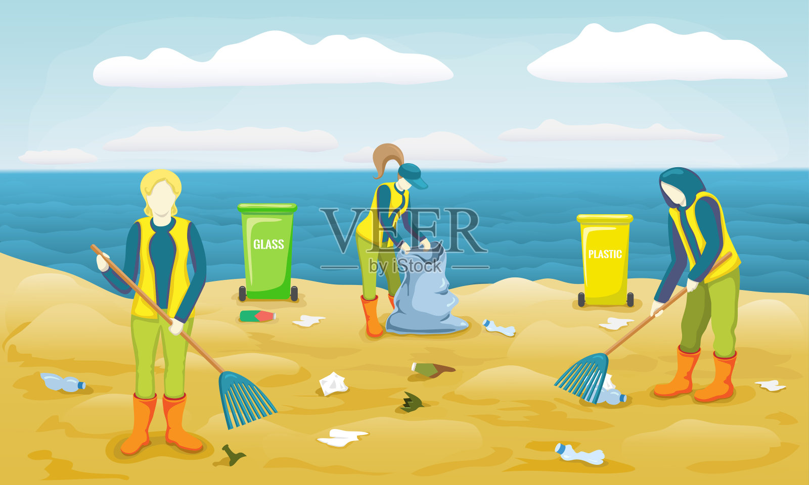 一群志愿者捡拾垃圾、塑料瓶、清洁海滩和分类垃圾。志愿服务团队精神。志愿者清理沙滩上的垃圾，爱护地球。向量的概念。插画图片素材