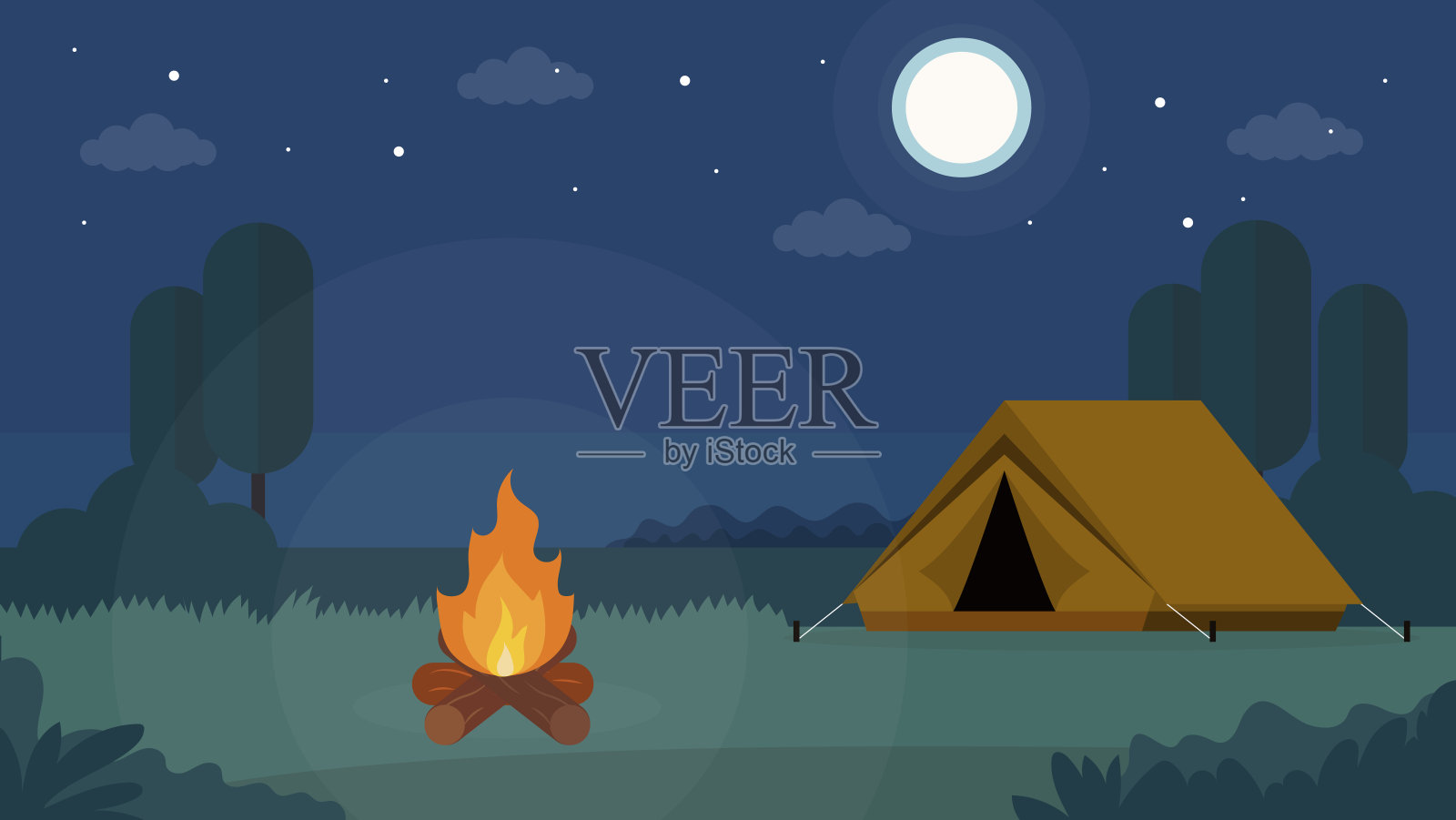 旅游和假日概念。晚上是帐篷和营火。平的风格。矢量图插画图片素材