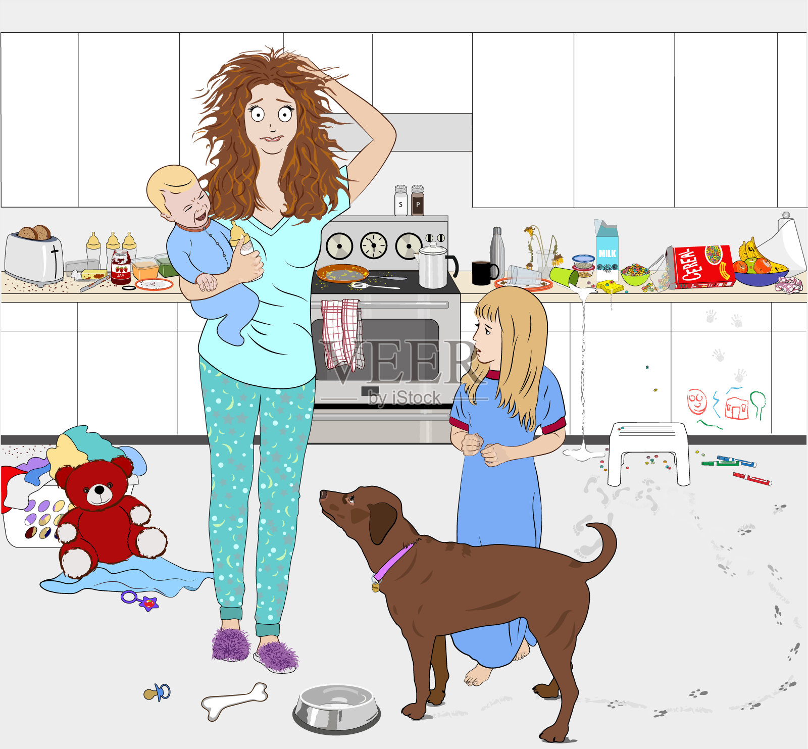 为孩子和狗做饭的工作母亲似乎压力很大。插画图片素材