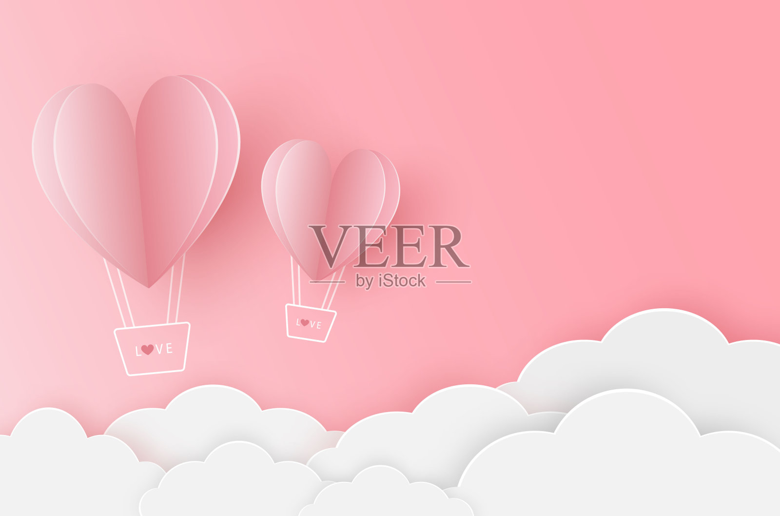 纸心气球在粉红色的天空上飞翔插画图片素材