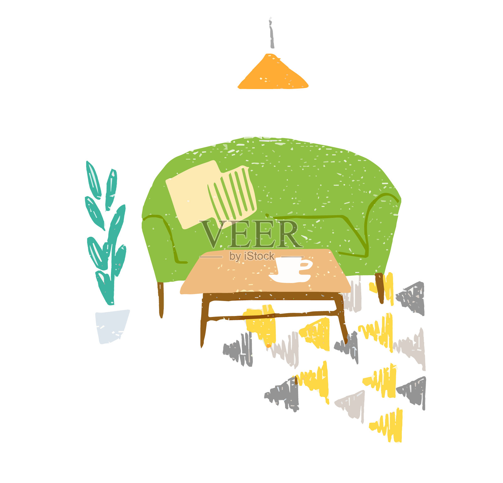绿色沙发的客厅插画图片素材