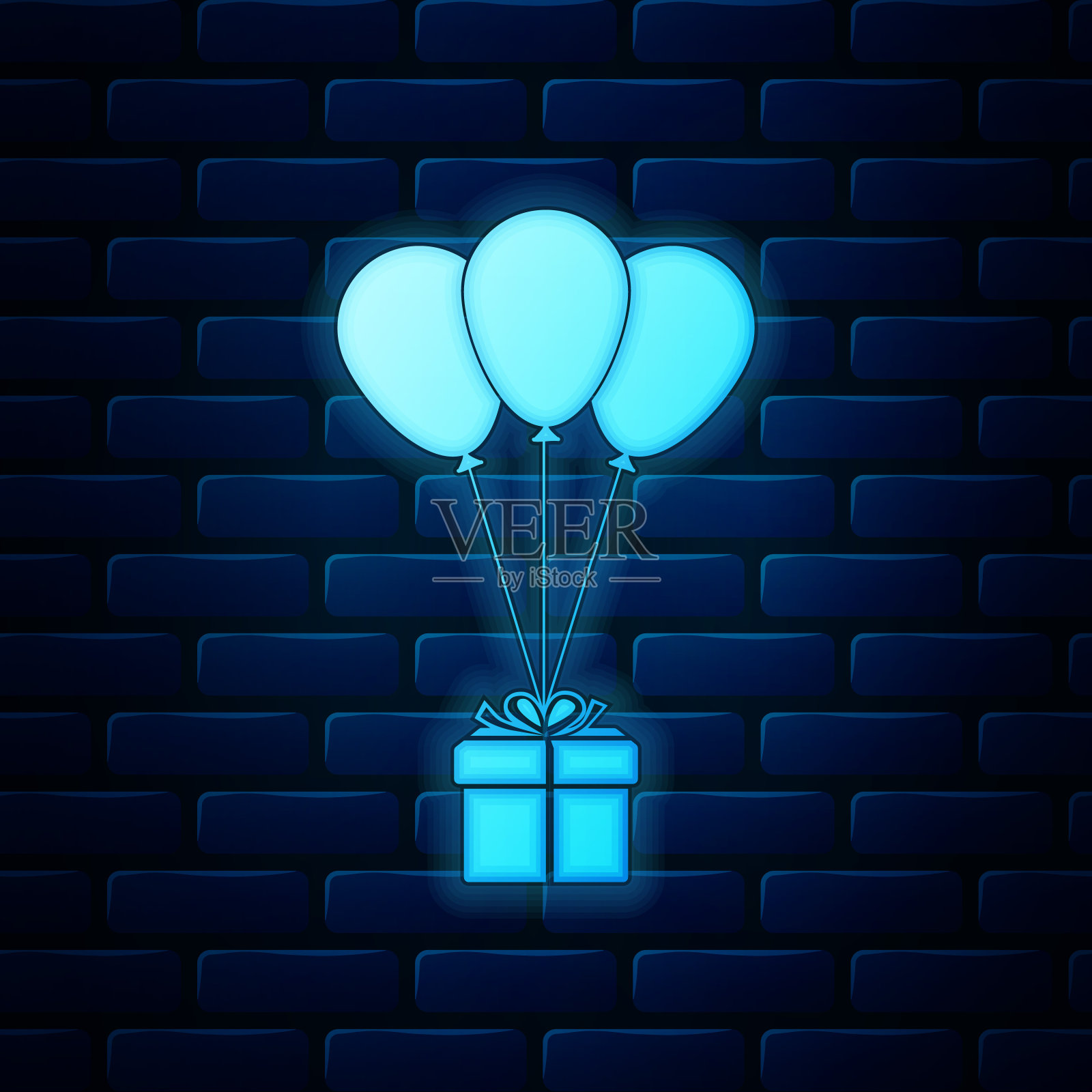 发光的霓虹灯礼盒与气球图标隔离在砖墙的背景。矢量图插画图片素材