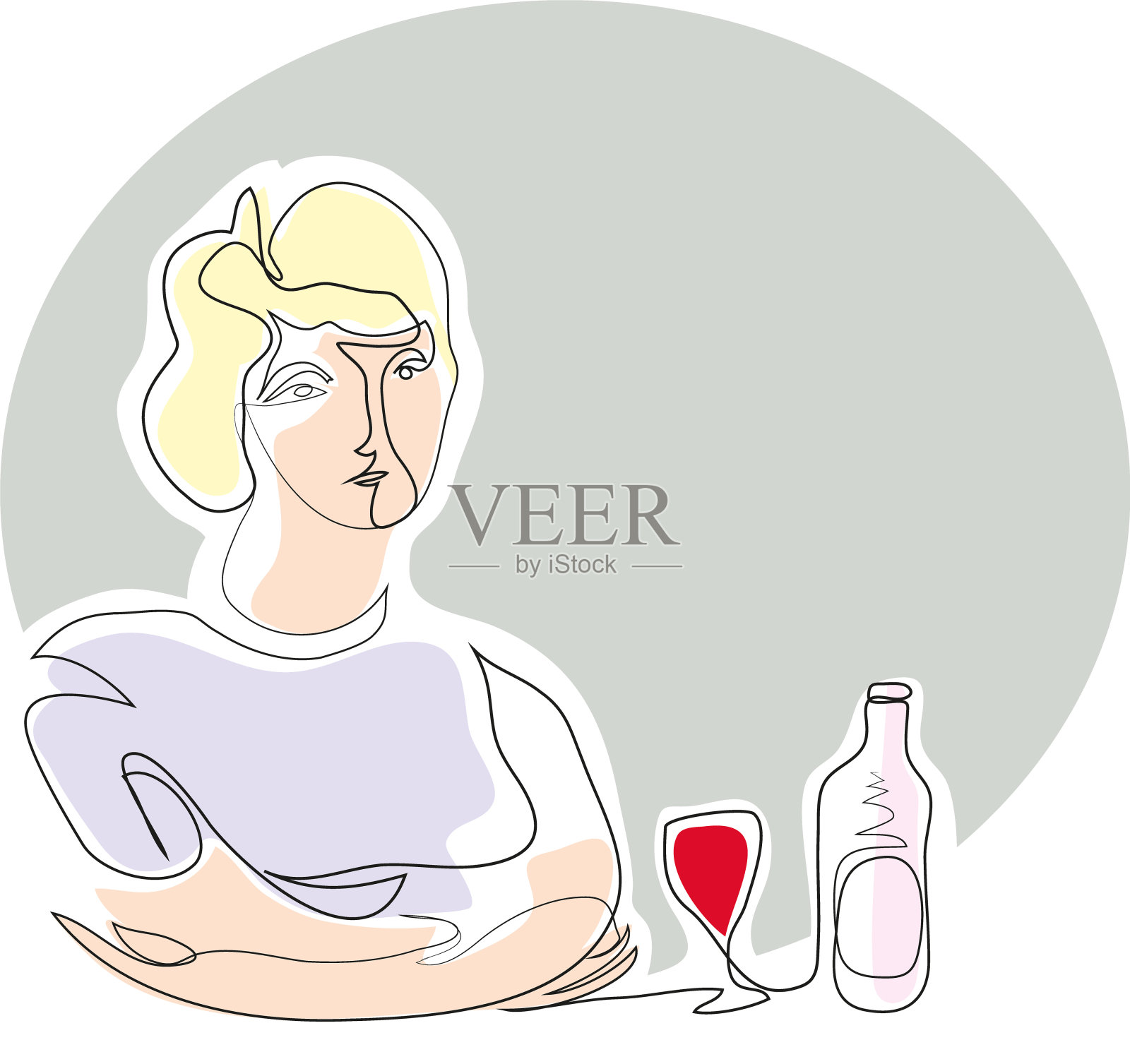 一个女性酗酒和酗酒成瘾的连续线条画插画图片素材