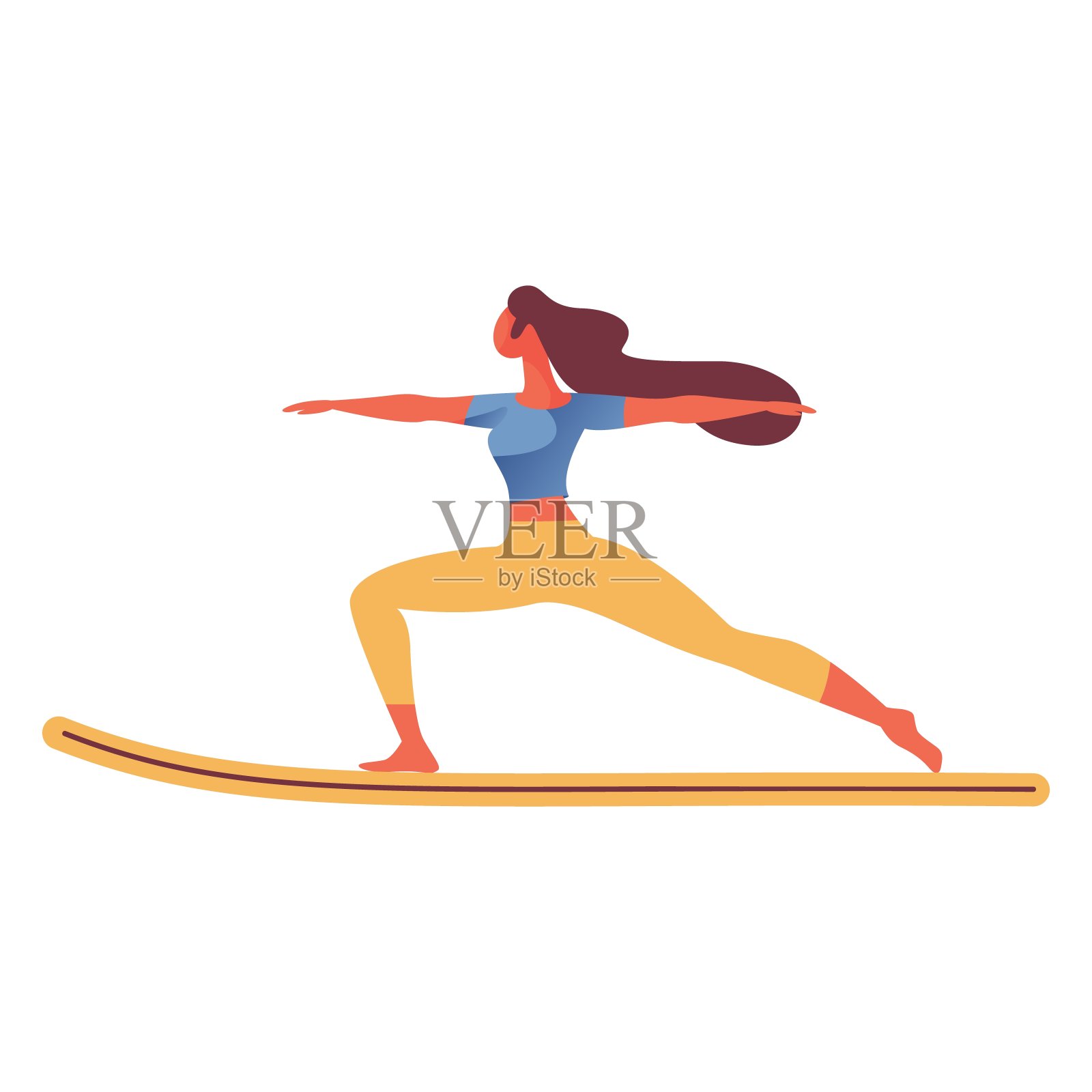 孤立在白色背景矢量字符关心健康的生活方式，做瑜伽冲浪板。现代女性形象的长发，绘制与明亮的颜色。设计元素图片