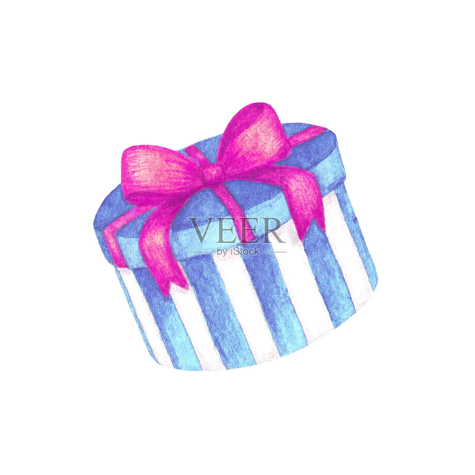 水彩手绘条纹蓝色绿松石礼盒与粉色丝带蝴蝶结孤立在白色背景插画图片素材