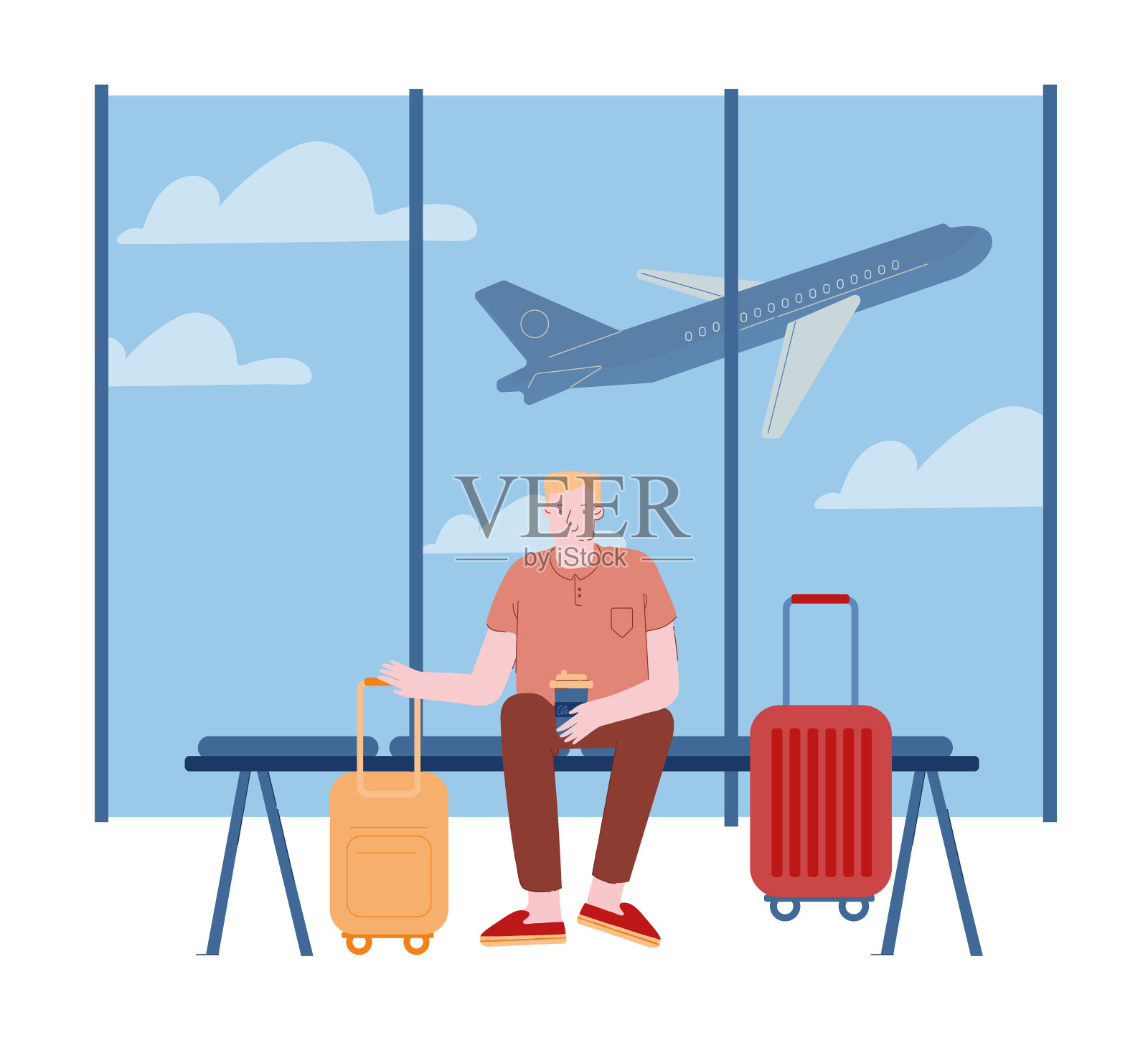 微笑的年轻男子手里拿着咖啡杯，坐在机场与手提箱袋子行李飞行的飞机背景。暑假，工作旅行卡通平面矢量插图线条艺术插画图片素材
