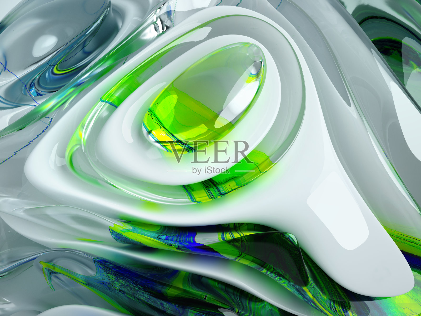 3d渲染的抽象艺术3d背景与有机曲线圆形波浪光滑和柔软的生物形式的白色光泽陶瓷材料与玻璃玻璃部分的图案在绿色和蓝色照片摄影图片