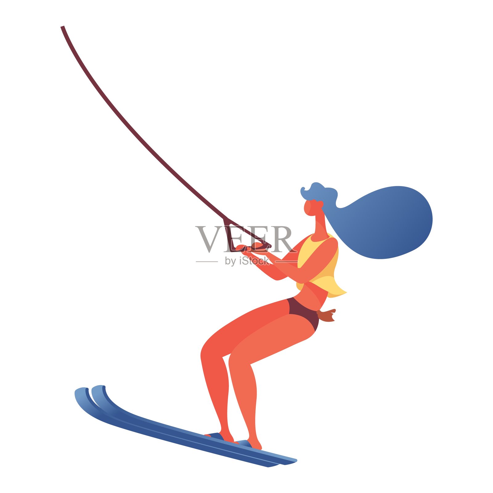 孤立的白色背景方形插图与年轻女子在游泳骑两个水的天空。明亮的扁平性格与蓝色的头发绘制明亮的颜色。设计元素图片