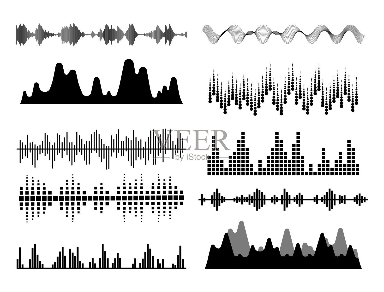 黑色的声波。音乐音频，语音线波形，电子无线电信号，音量电平符号。矢量图插画图片素材