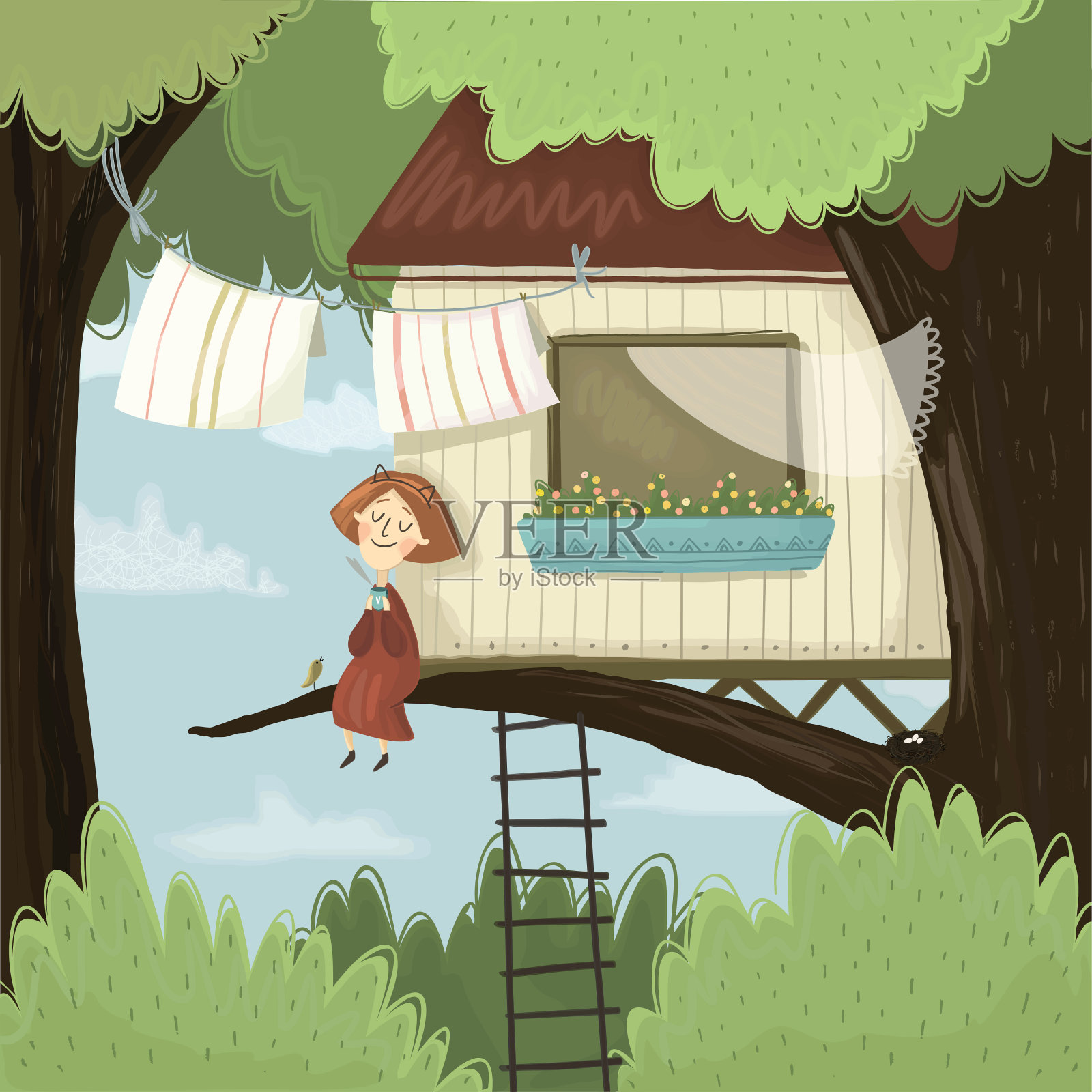 你好，春天和夏天!可爱的矢量插图的一个女孩自然在森林里，有一个树房子。洗完衣服后她喝咖啡。为卡片绘制童话。插画图片素材