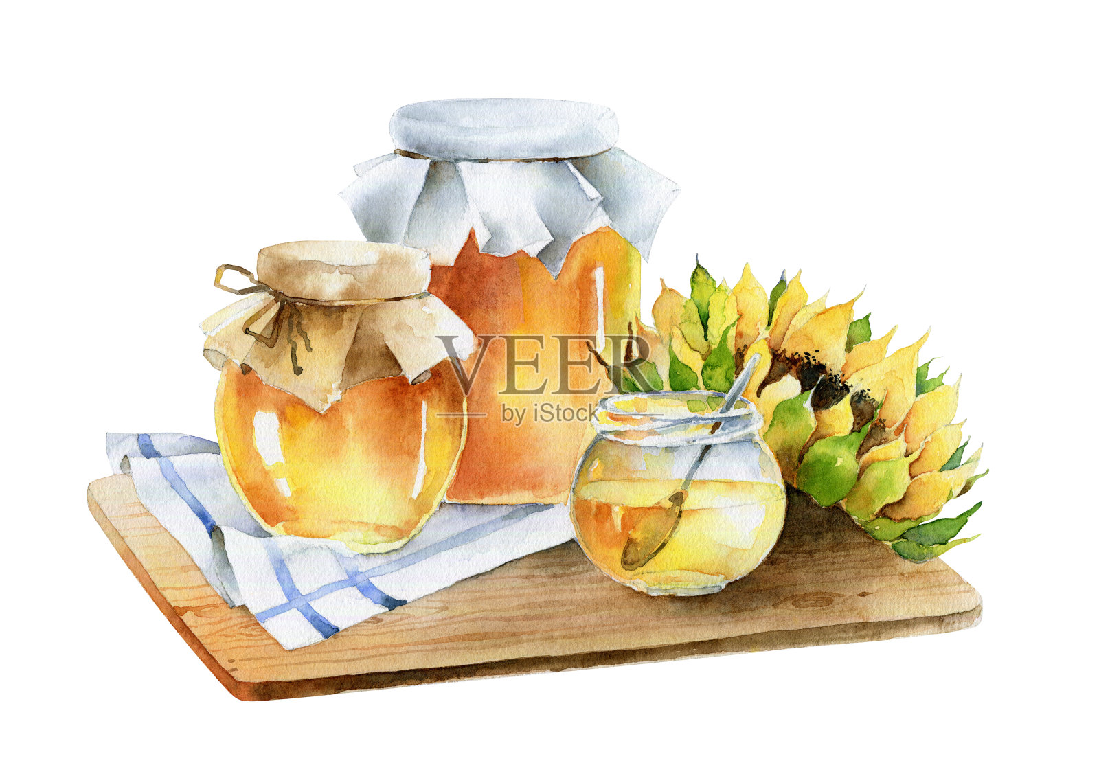 蜂蜜和向日葵罐的水彩画组成。插画图片素材