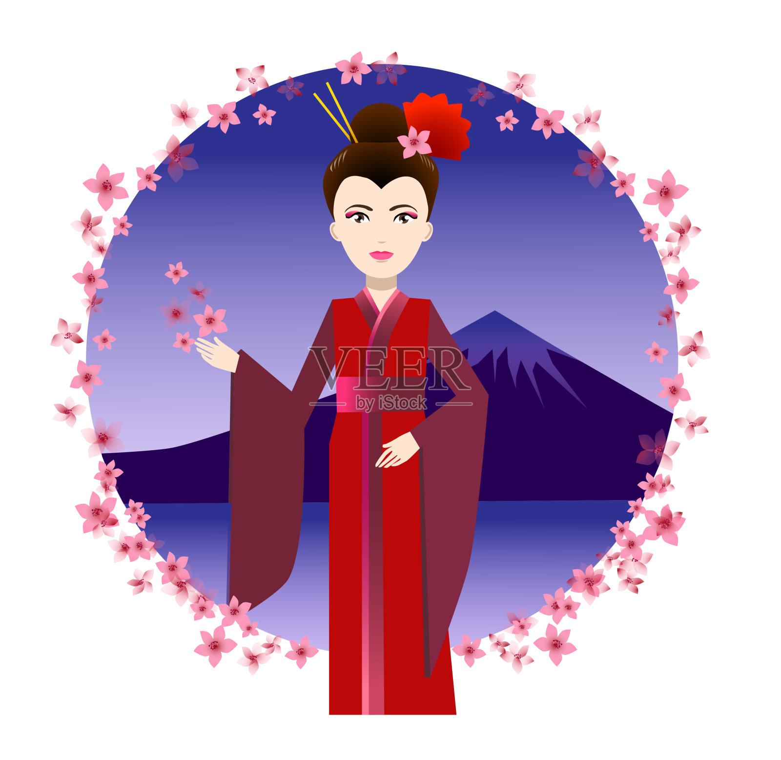 花见-爱樱花插图。矢量日本妇女在一个传统和服。拿着樱花的日本女孩设计元素图片