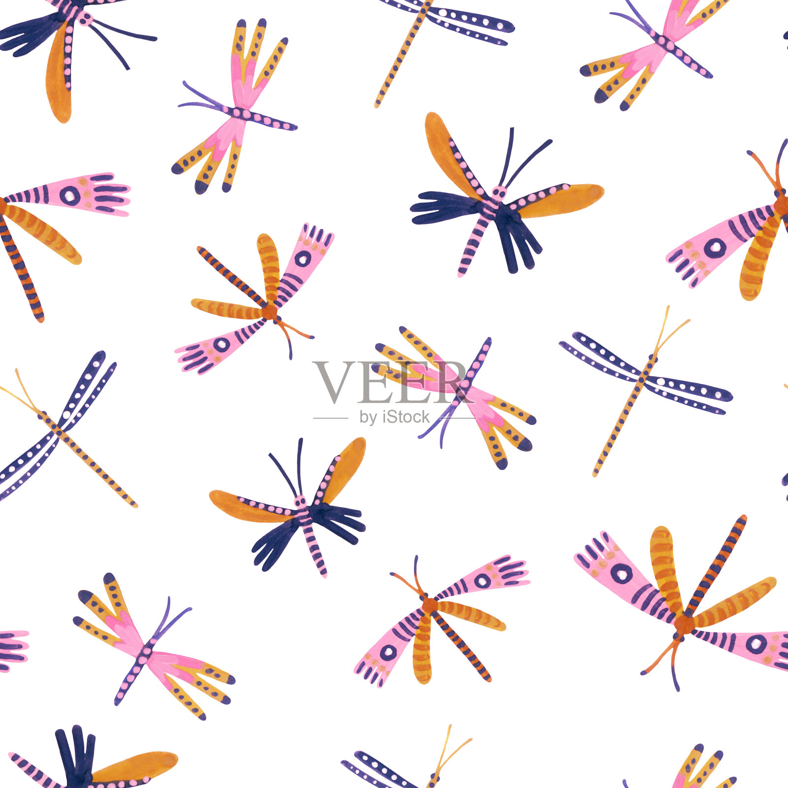 装饰水彩蜻蜓无缝图案。插画图片素材