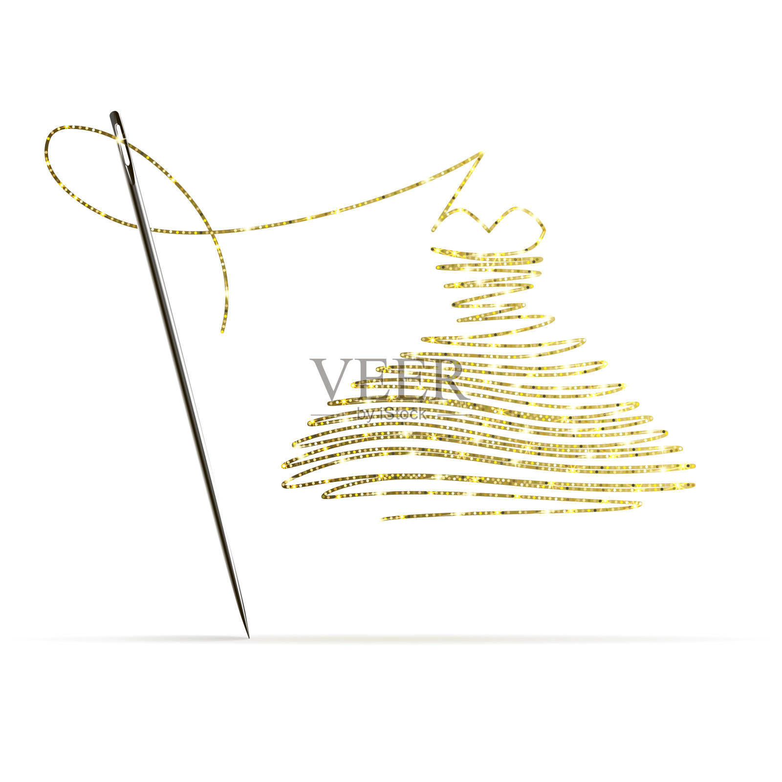 用金线缝制鸡尾酒会礼服的针插画图片素材