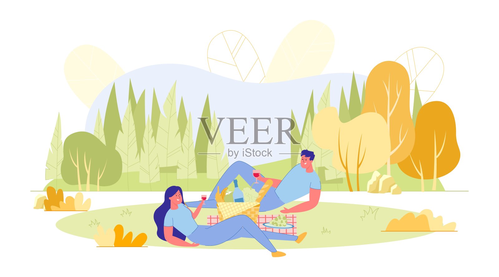 野餐约会年轻夫妇在秋天公园，旗帜。设计元素图片