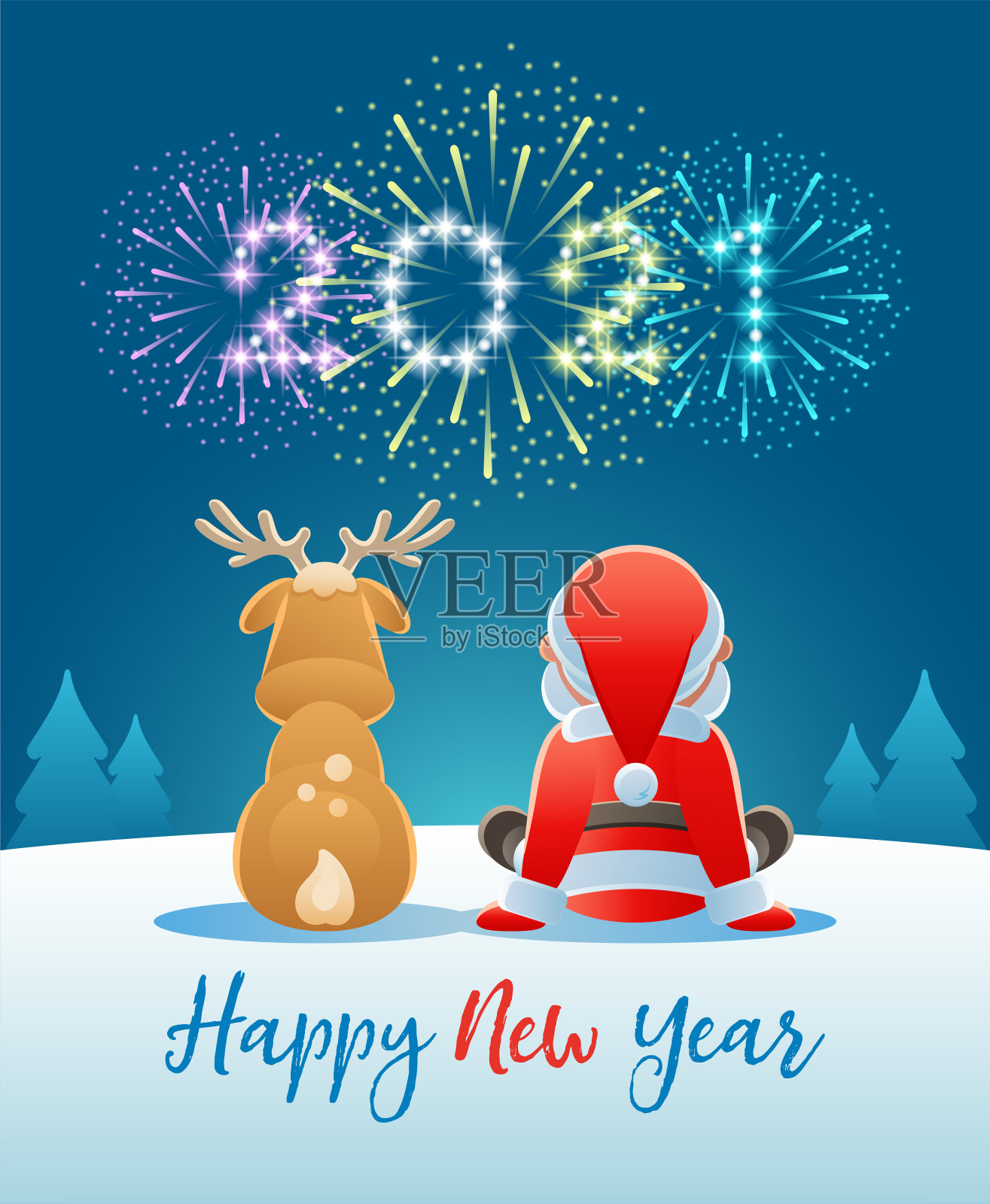 2021新年快乐。可爱的圣诞老人和驯鹿在看烟花。插画图片素材