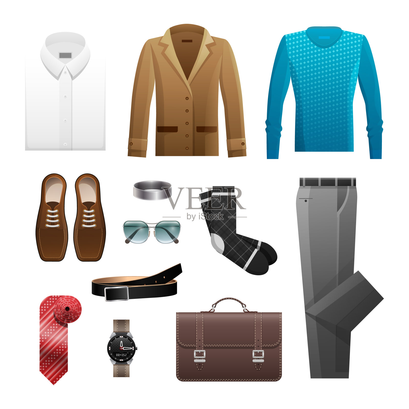 男士日常生活的服装设置在白色设计元素图片