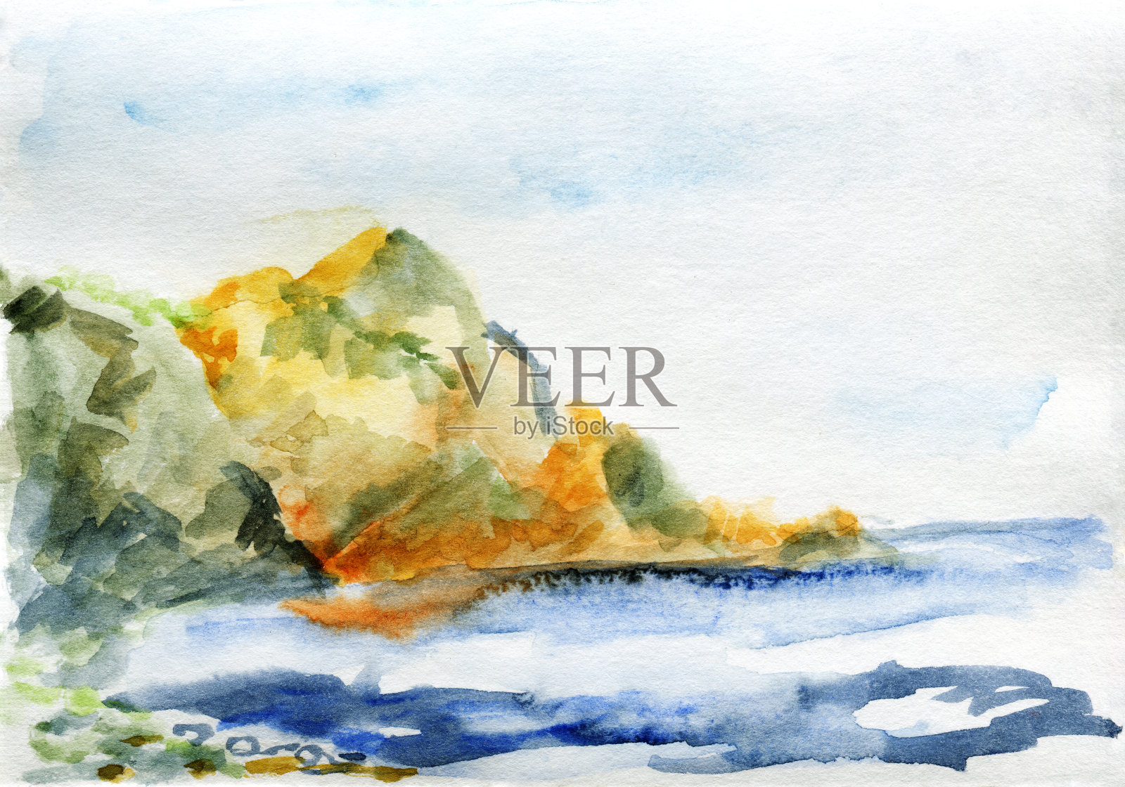 手绘水彩画山海滨在阳光明媚的天气插画图片素材