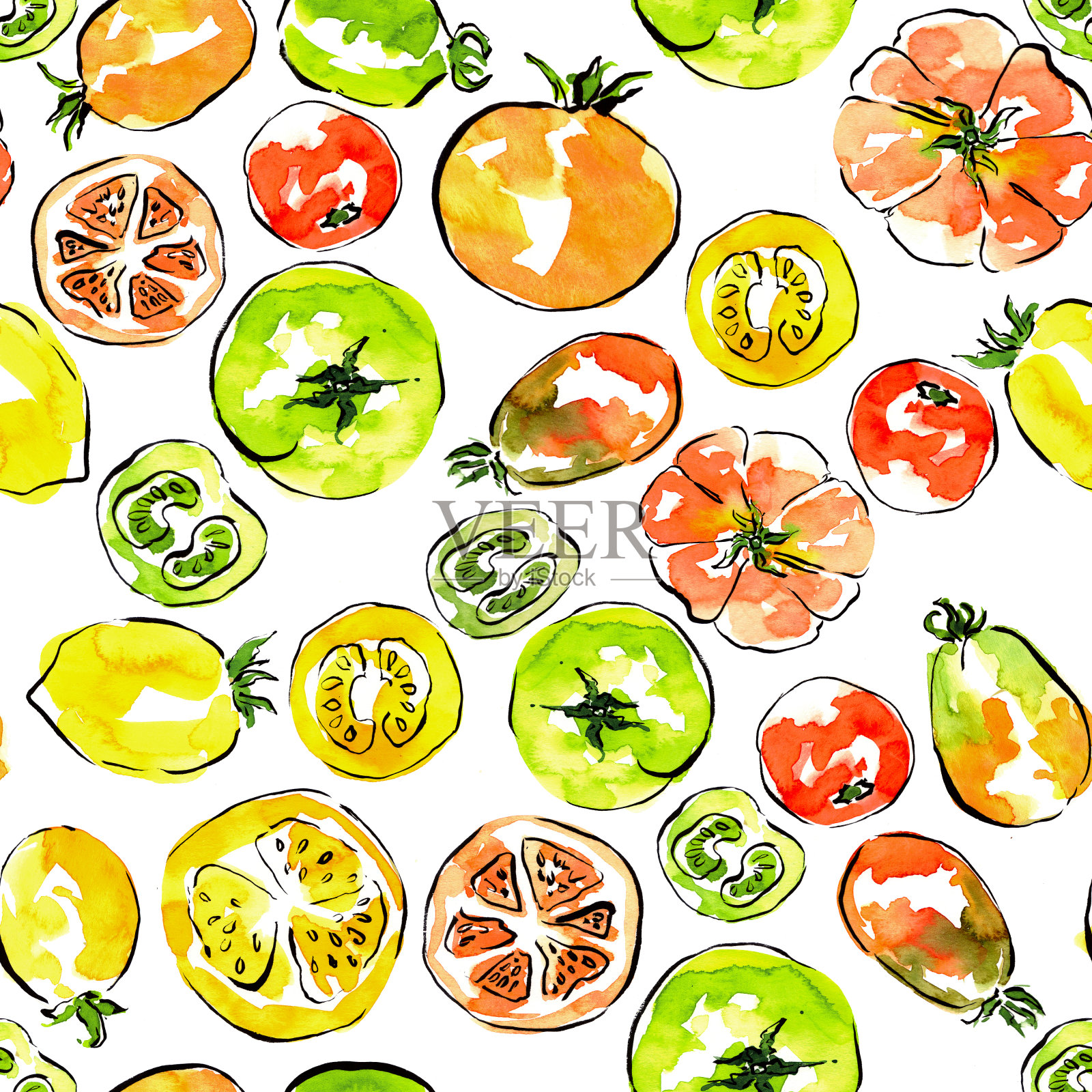 图案用西红柿，红，绿，黄的颜色，桌布和茶巾设计，厨房装饰，烹饪书。插画图片素材