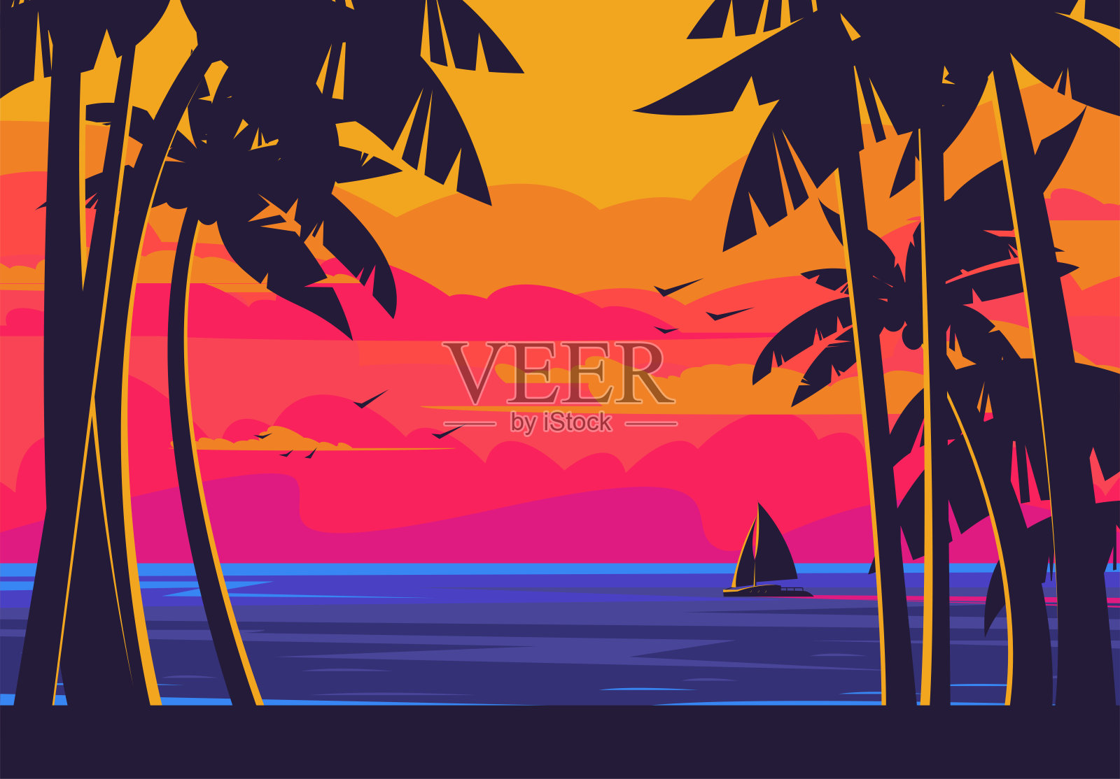 海岸边的风景是夕阳下棕榈树的剪影，水面上漂浮着一艘游艇插画图片素材