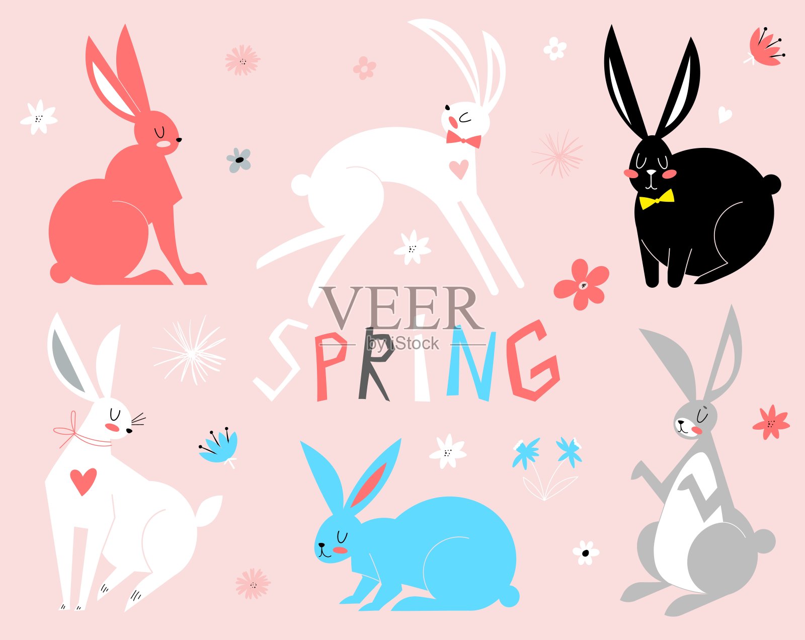 东方兔子矢量插图。卡通兔子。矢量插图。宠物剪影在不同的姿势。兔和兔子的彩色动物收藏。春天的动物。插画图片素材