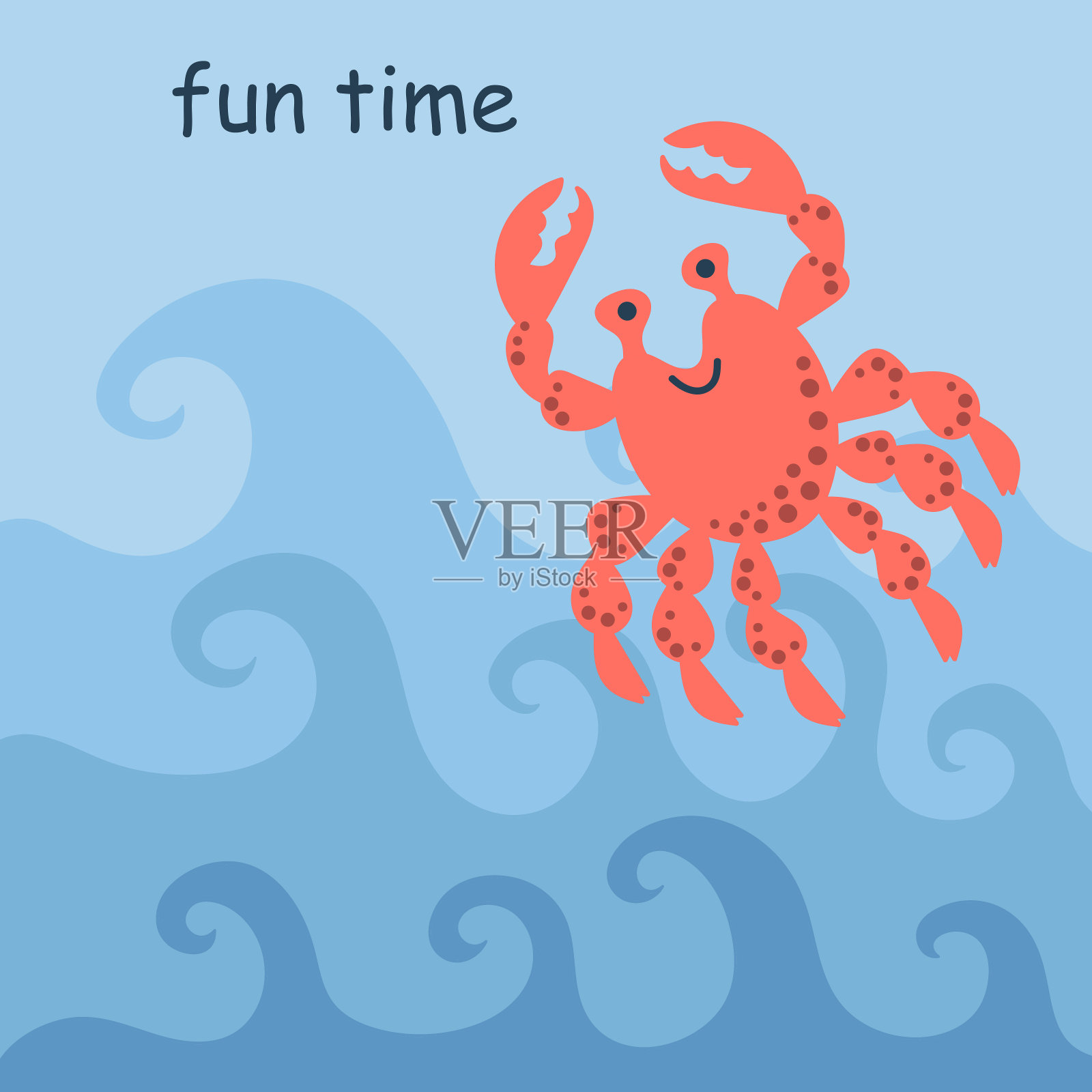 快乐的螃蟹在波浪上跳。娱乐时间,签名。手绘矢量图插画图片素材