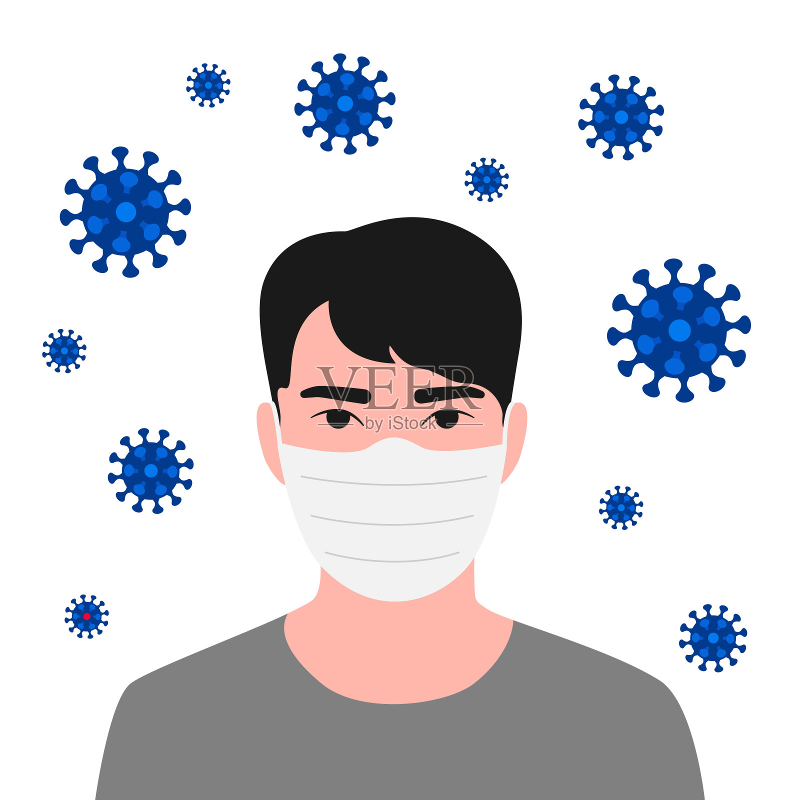 年轻亚洲男子戴着呼吸防护口罩，患有冠状病毒细胞疾病。冠状病毒流感。危险的流感病例医疗健康风险。矢量图插画图片素材