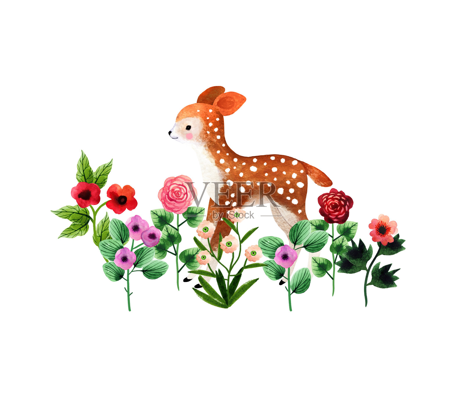 小鹿与花插画图片素材