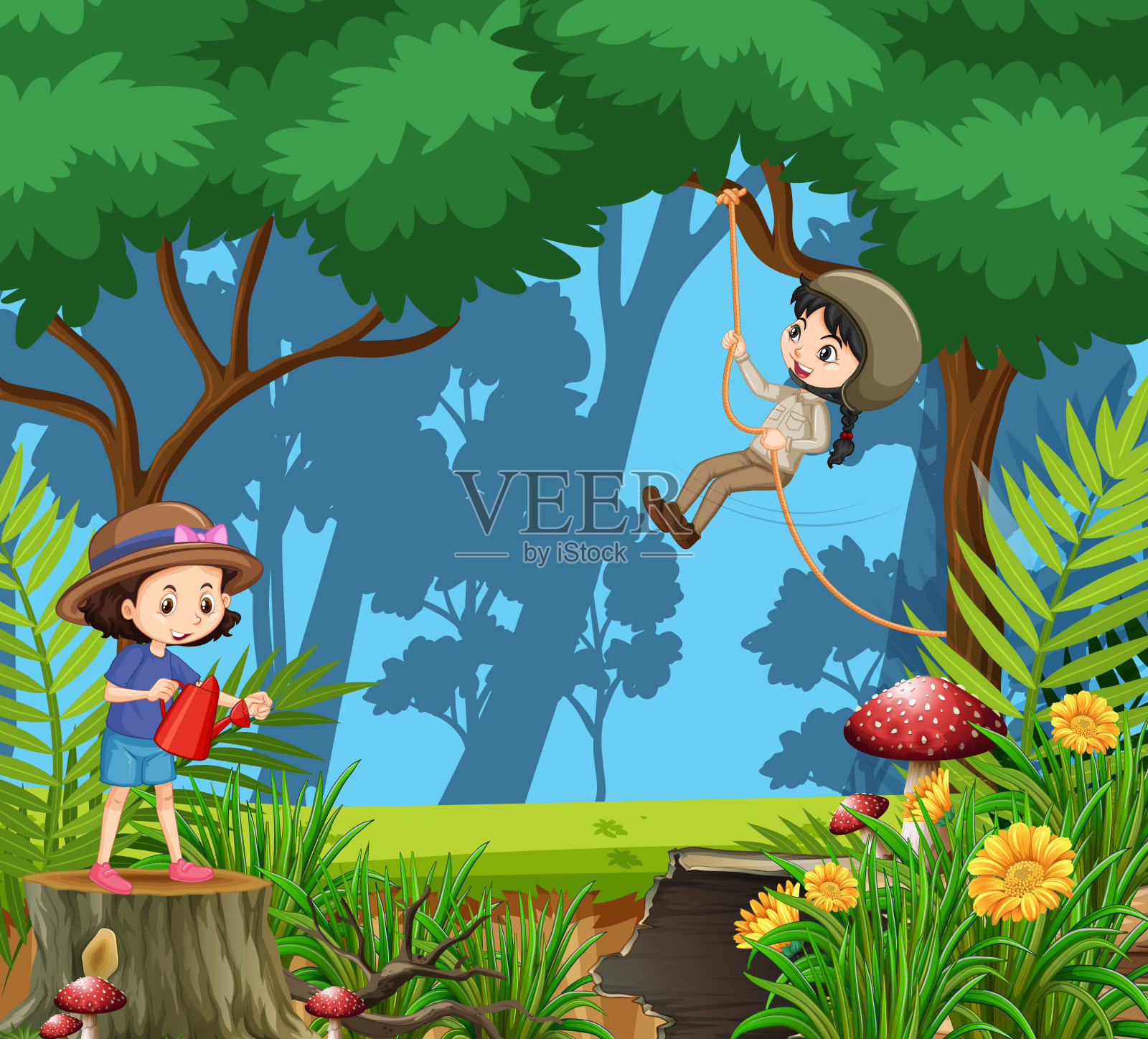 两个女孩在树林里玩的场景插画图片素材