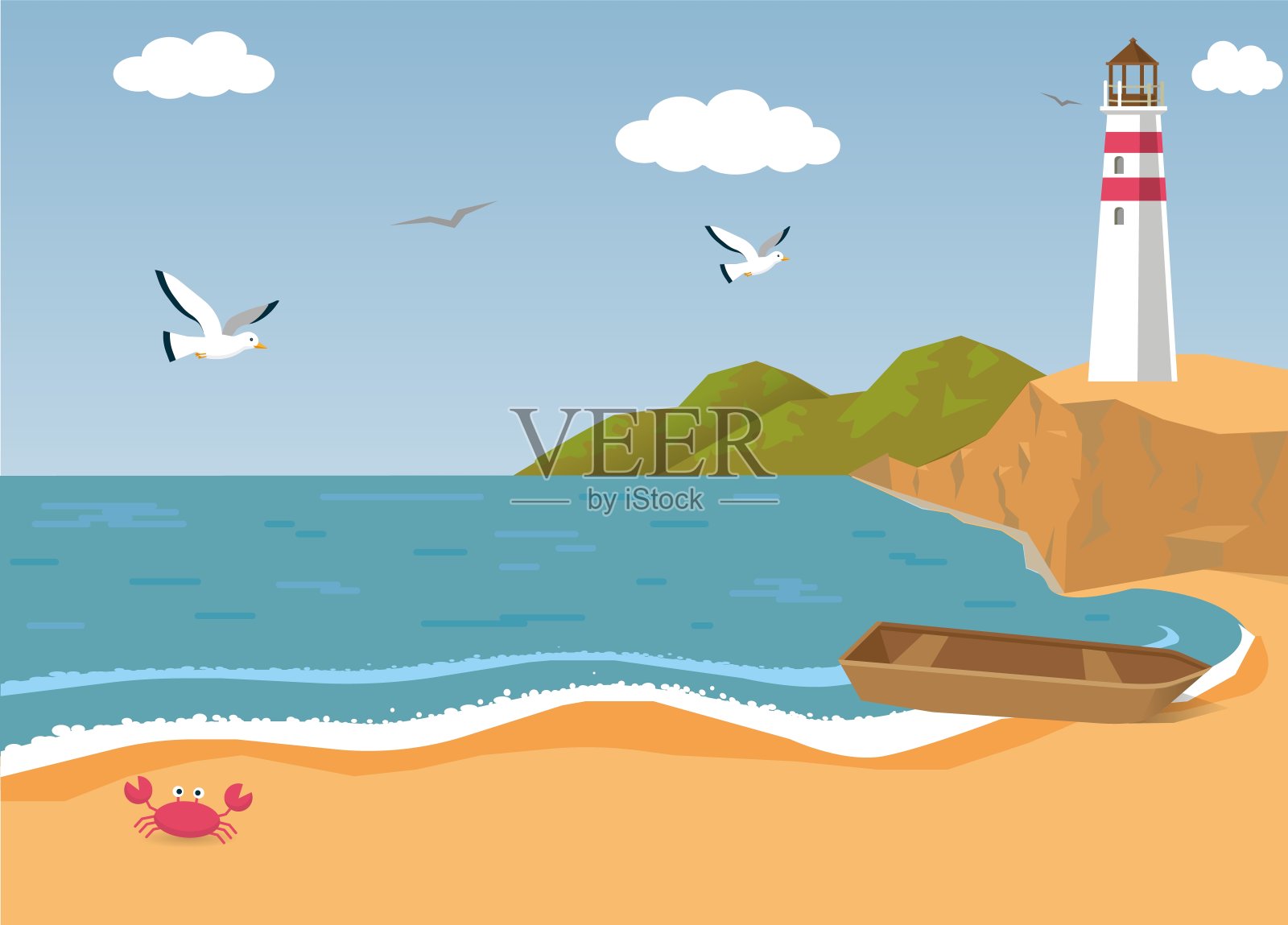 海边有木船，海鸥和灯塔插画图片素材