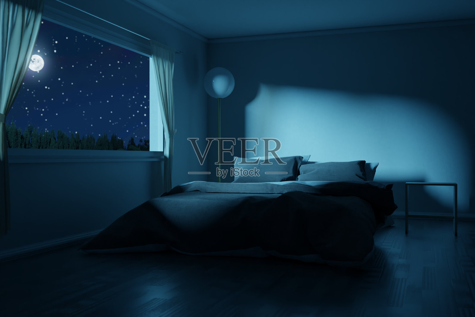 三维渲染的卧室与床在满月的夜晚照片摄影图片