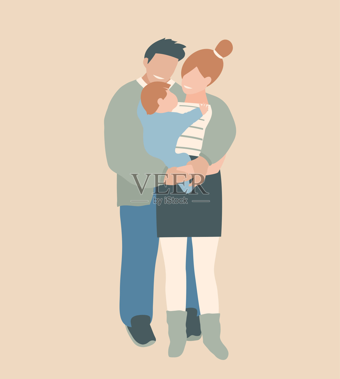 年轻幸福的父母抱着他们的宝宝时尚朴实的颜色家庭幸福肖像。插画图片素材