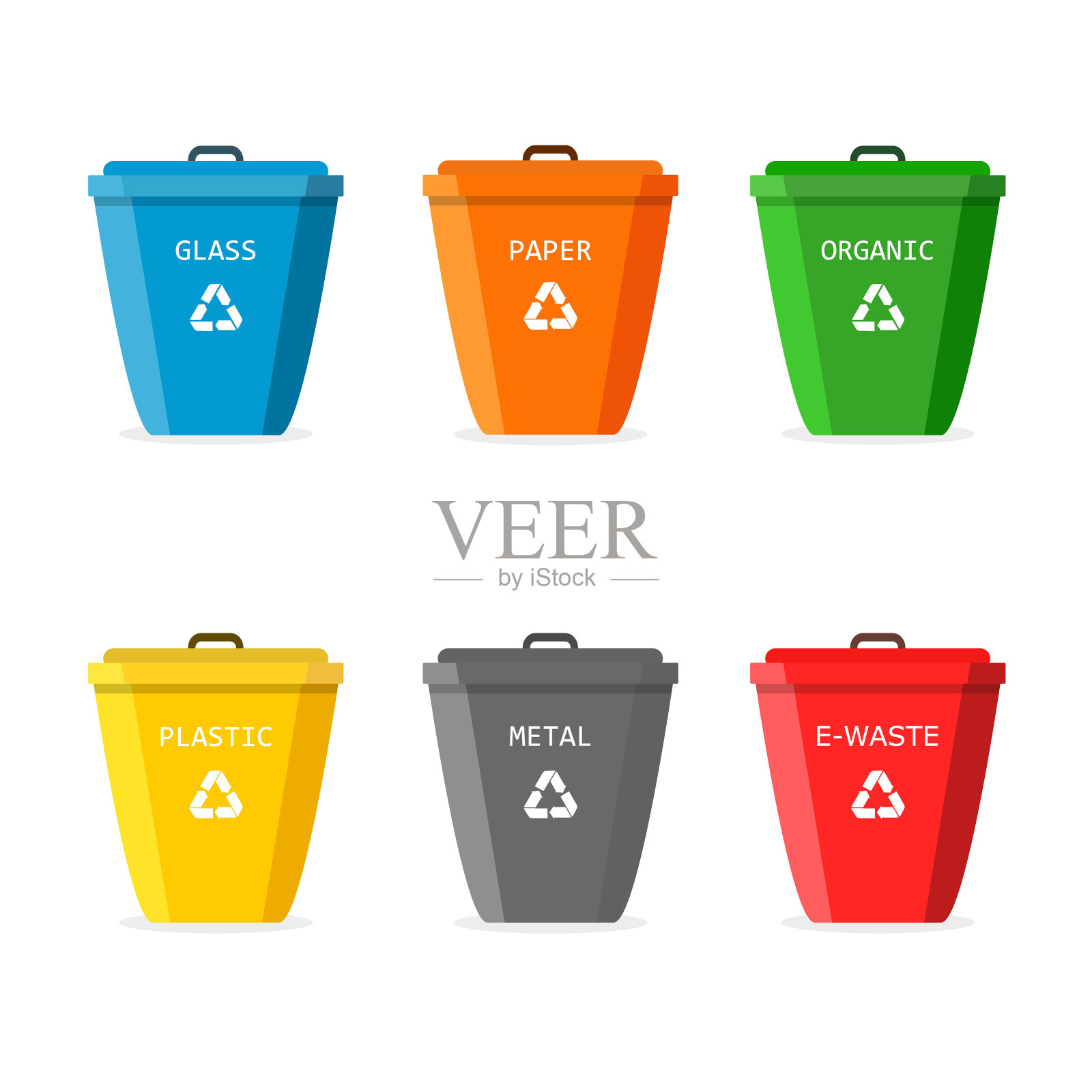 带有回收图标的垃圾桶。为垃圾。用于回收垃圾分类的大容器——塑料、玻璃、金属、纸张、有机、电子垃圾。分离的概念。Symboll生态。向量。设计元素图片