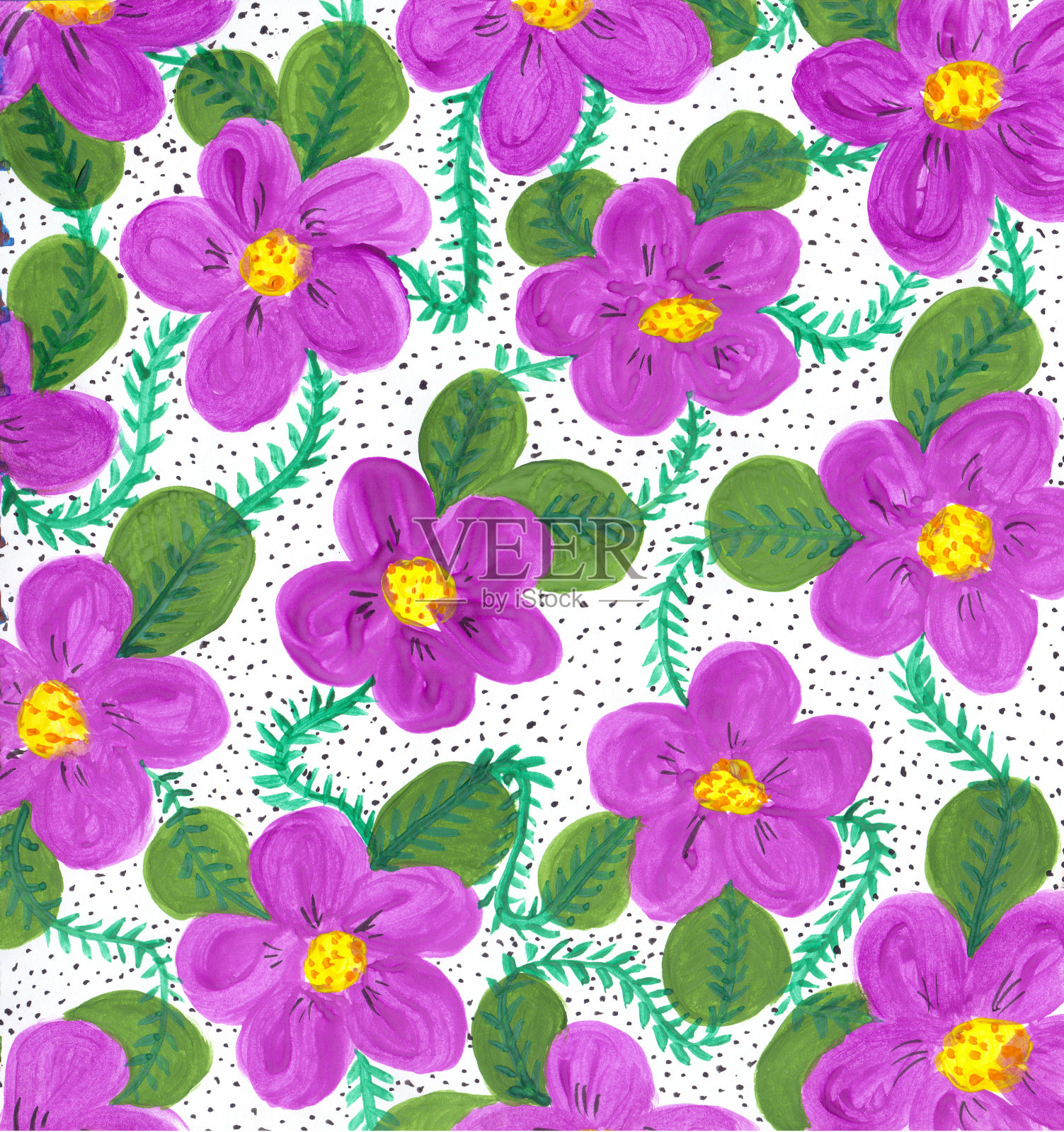 手绘天真的植物背景与温和的紫罗兰在白色斑驳的背景。插画图片素材