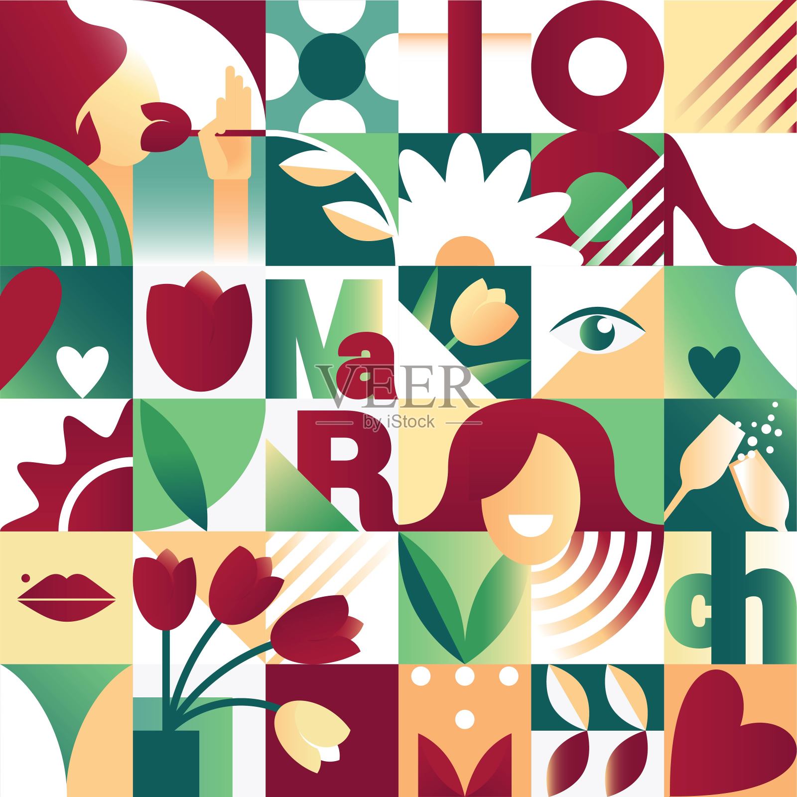 几何无缝红绿春色图案，用于三月八日妇女节庆祝活动插画图片素材