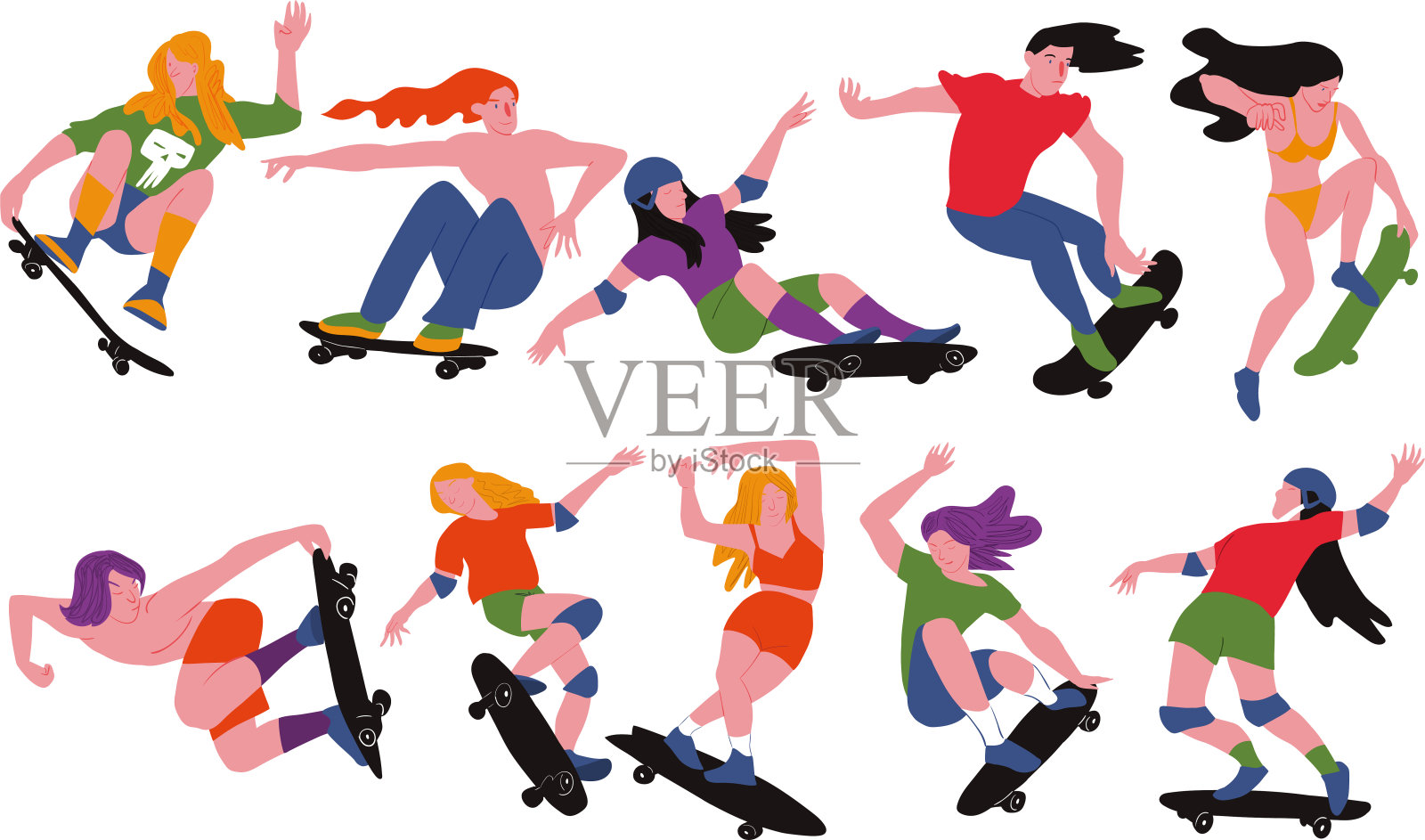 滑板集。男孩和女孩用滑板冲浪。人在溜冰鞋。用于宣传单、体育赛事横幅、体育用品包装。卡通平面矢量插图孤立对象。插画图片素材