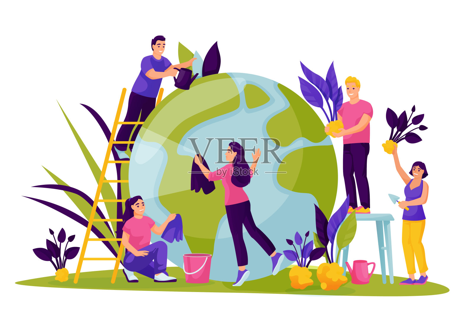 人们照顾地球。拯救地球日的矢量插图。环境、生态、保护自然的理念插画图片素材