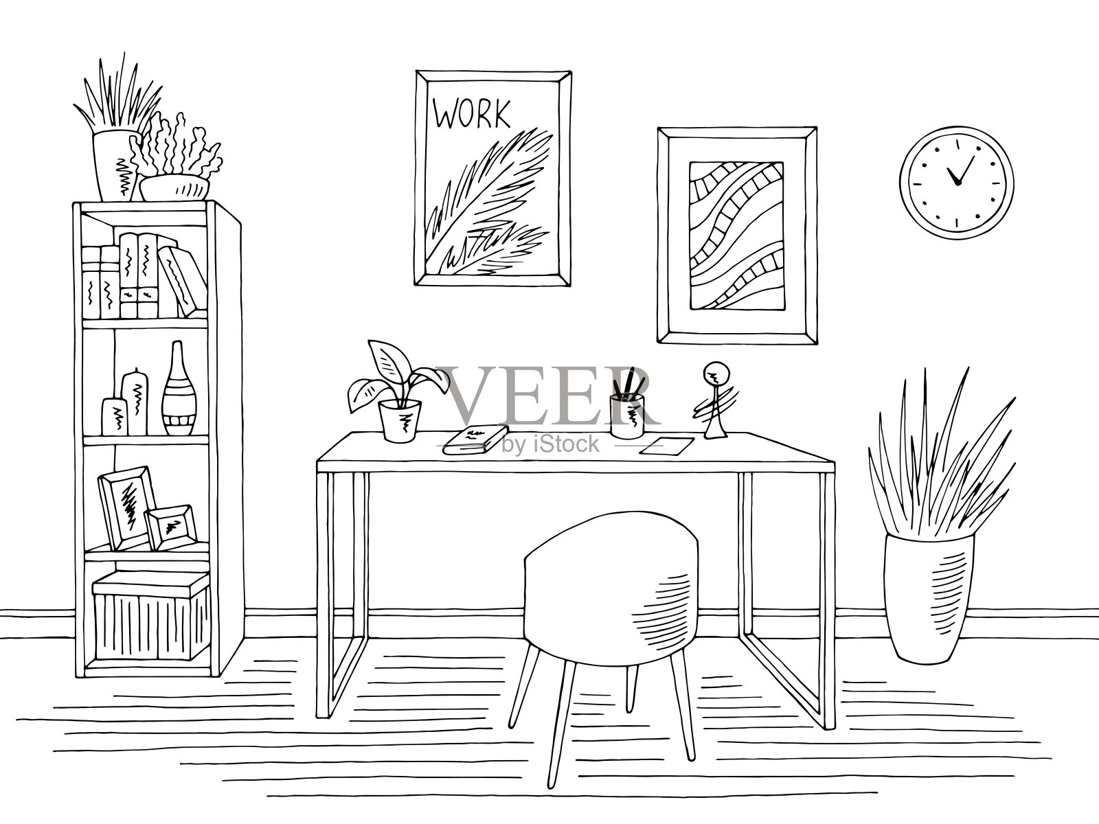 家庭办公室图形黑白室内草图插图矢量插画图片素材