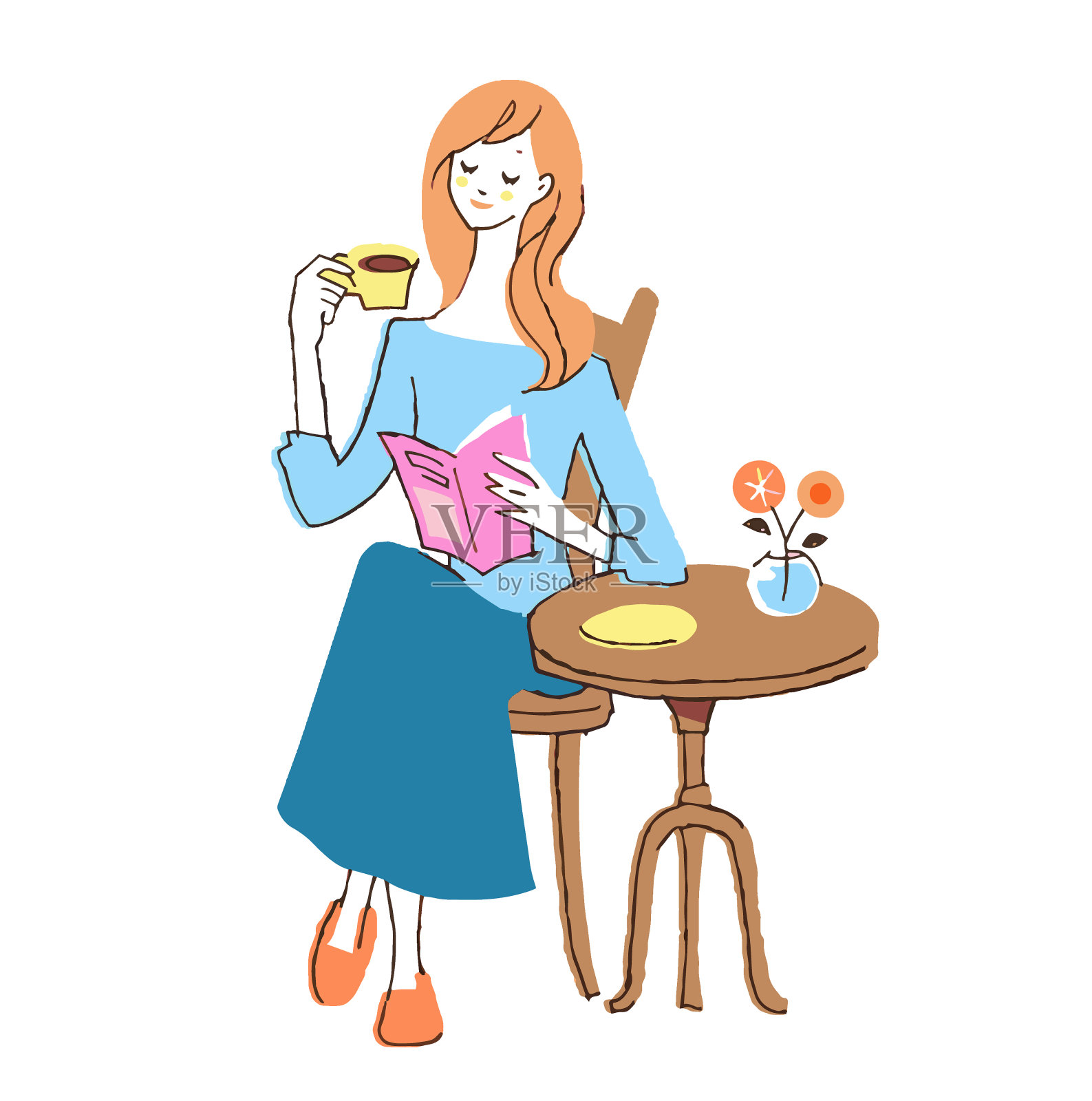 年轻女子一边喝茶一边看书插画图片素材