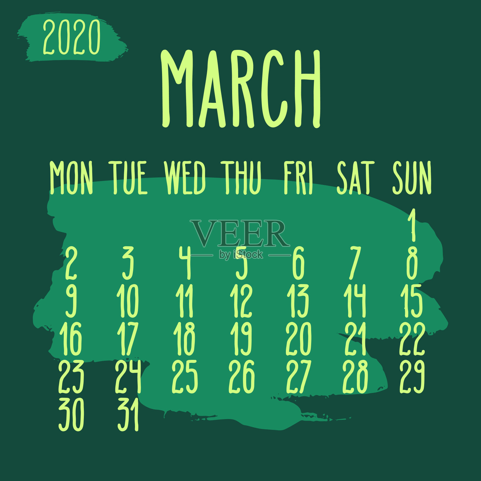 2020年3月画笔划月历设计模板素材