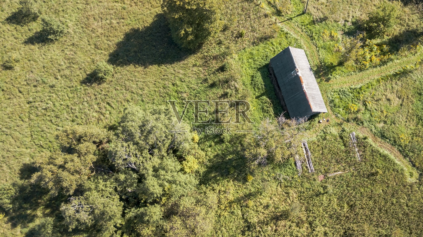 鸟瞰图的一个小茅屋和树木，田野和附近的草地照片摄影图片
