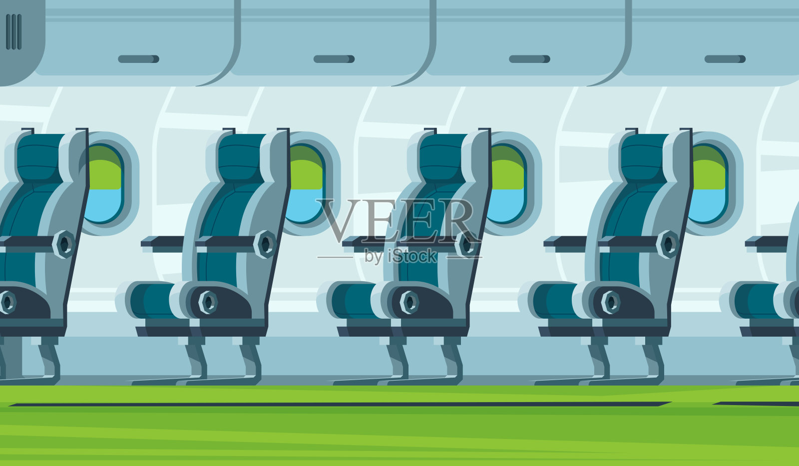 飞机内部。运输座舱座椅飞机沙龙矢量平面插图插画图片素材