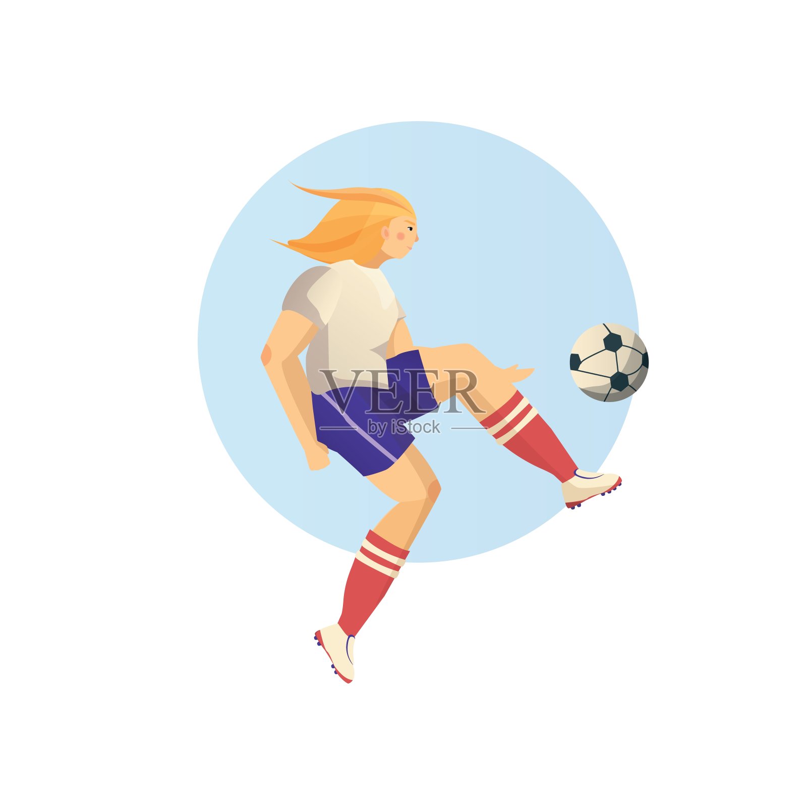 女足球运动员穿着运动服踢球。矢量平面插图上的白色背景。设计元素图片