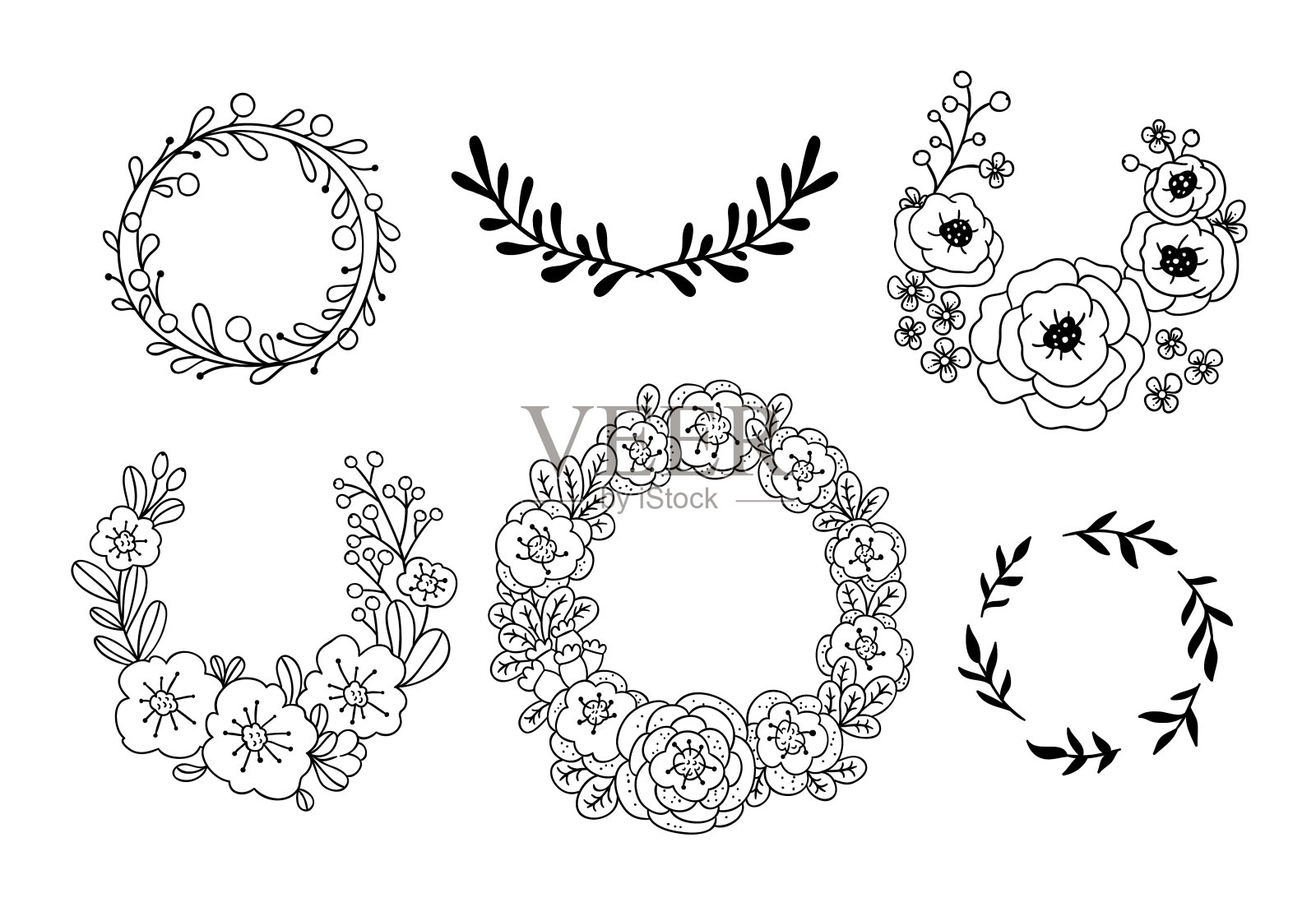 美丽的花环插图在白色的背景。向量花圈和植物框架轮廓集插画图片素材