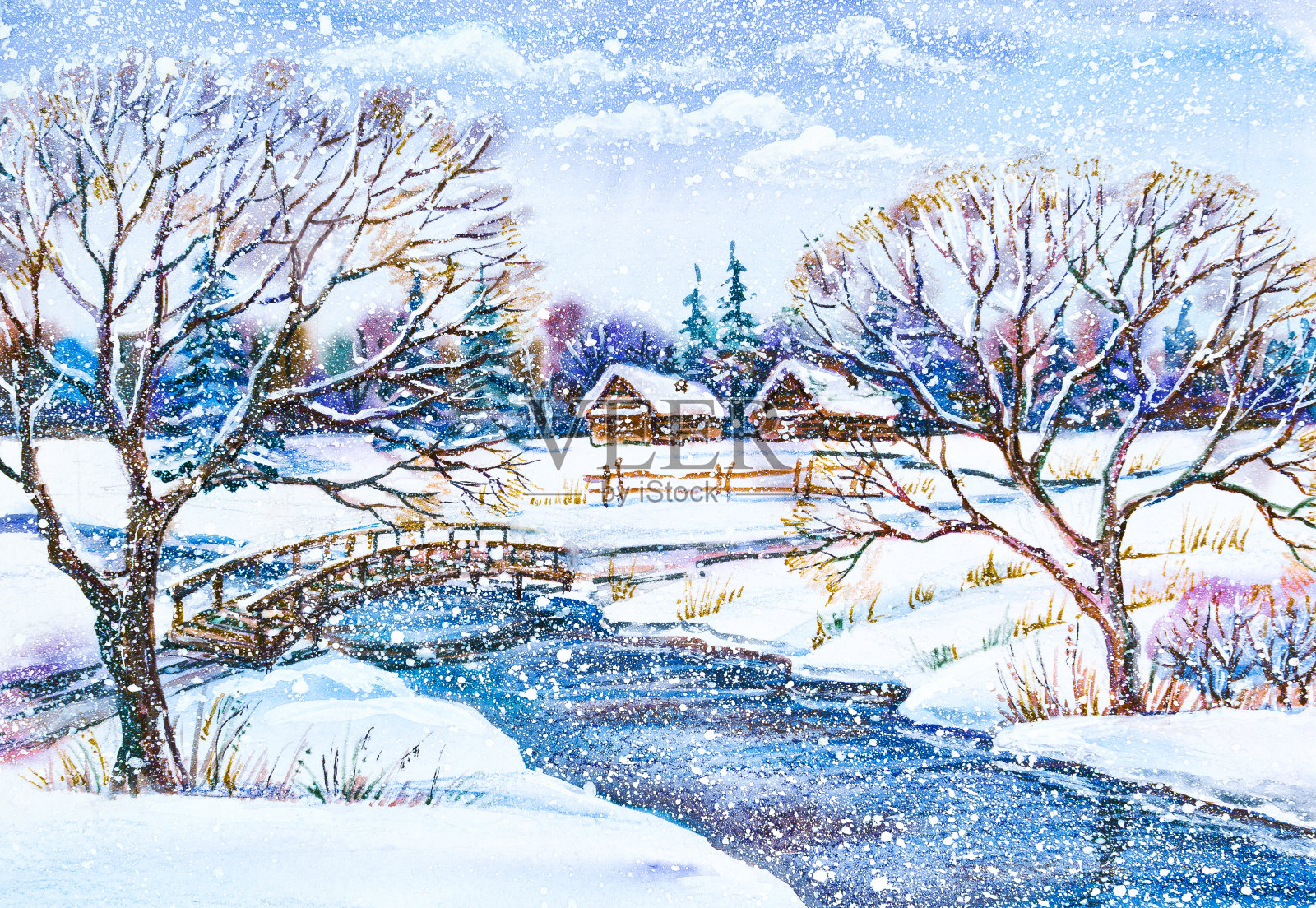 俄罗斯冬季村庄景观与河流和木桥插画图片素材