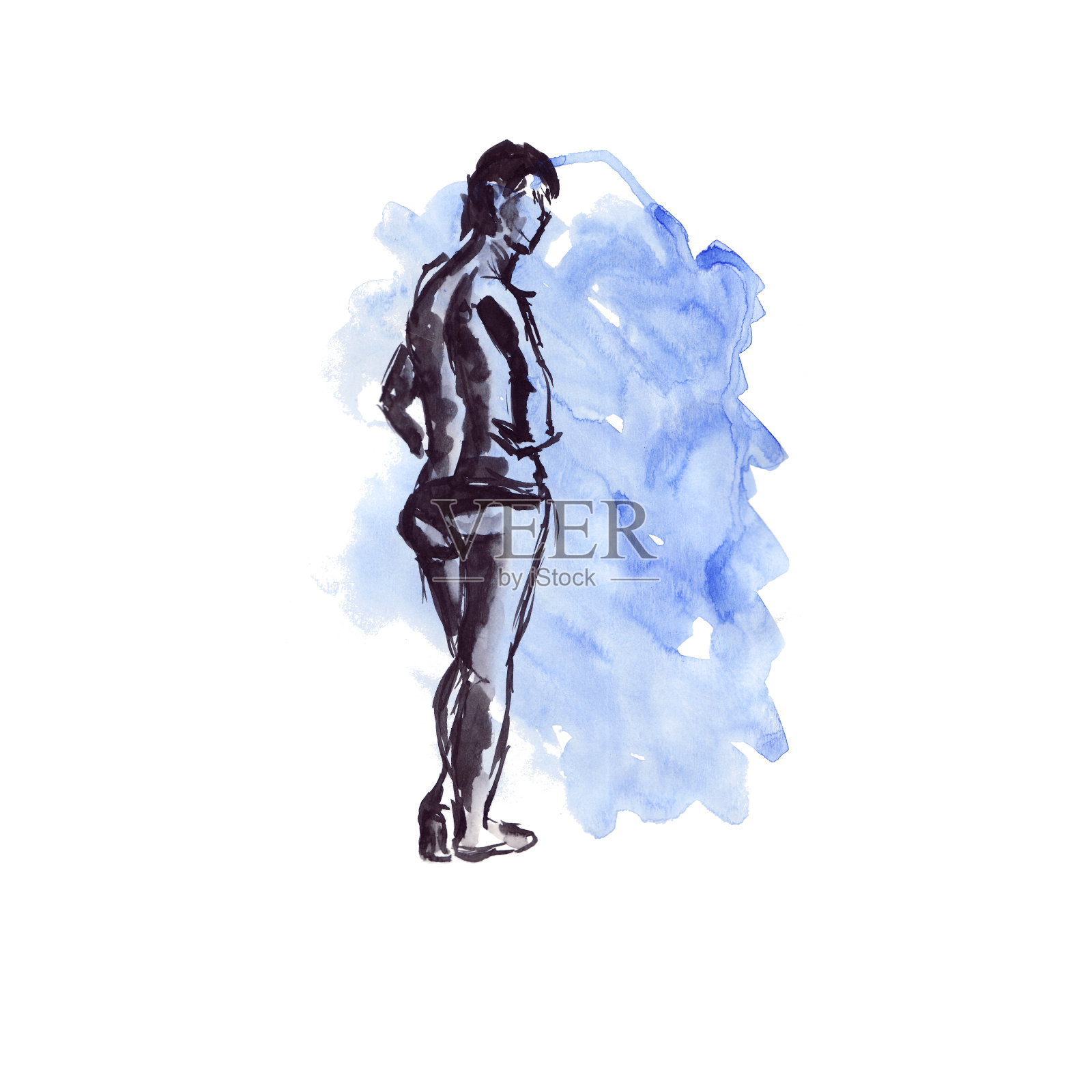 快速素描在一个水彩背景与黑色墨水-裸体女性人物插画图片素材