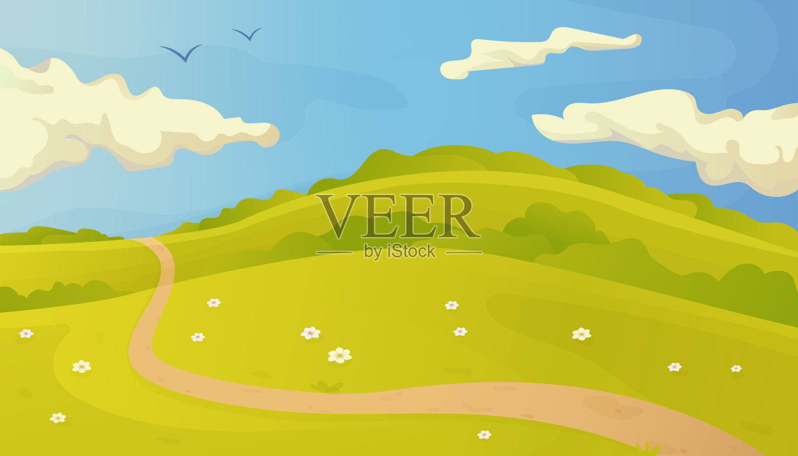 明亮的夏季矢量景观与trail在草地和蓝天上的云插画图片素材